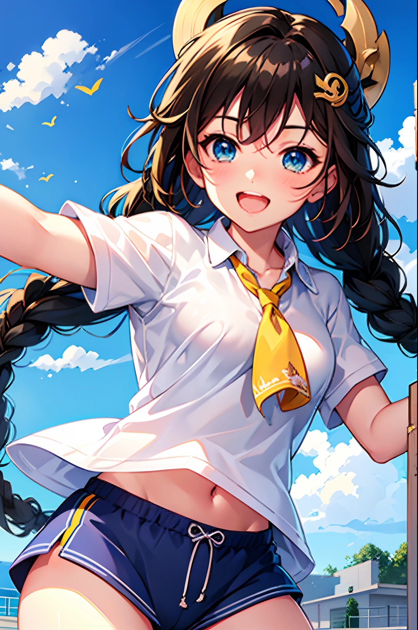 Tazune rirei, 8k, ultra-detailed, Masterpiece, best quality, shiny_aqua_eyes, black_hair, long hair, braid hair, hair ornament, middle chest, school gym wear, white t-shirt, buruma, crotch seam, outside, sports field, day, 1girl, solo, cowboy shot, short sleeves, blush, embarrassed, open mouth, smile