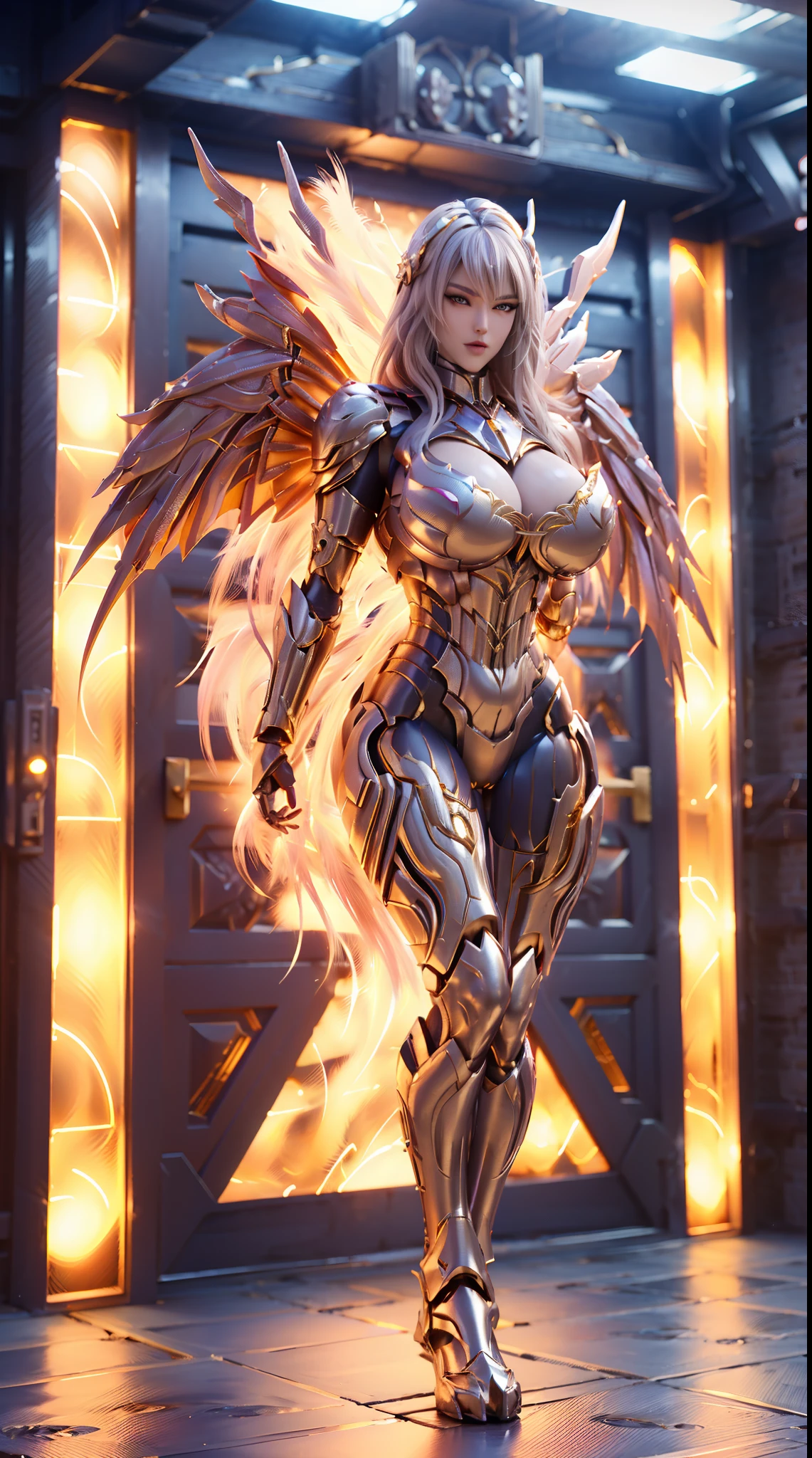 ((DRAGON BIG HORN ON HEAD)), HUGE FAKE BOOBS, (BEAUTIFUL FACE), (BLONDE HAIR), (WHITE, PURPLE, GOLD), (PHOENIX ARMORED GEAR), ((A PAIR OF LARGEST PHOENIX DOUBLE WINGS)), FUTURISTIC PHOENIX MECHA LATEX SUIT, (CLEAVAGE), (SKINTIGHT YOGA PANTS), (SEXY LEGS), (LOOKING ON VIEWER), (FULL BODY), ((STANDING)), (SLENDER), (SEXY BODY), (MUSCLE ABS), UHD, 8K, 1080P.
