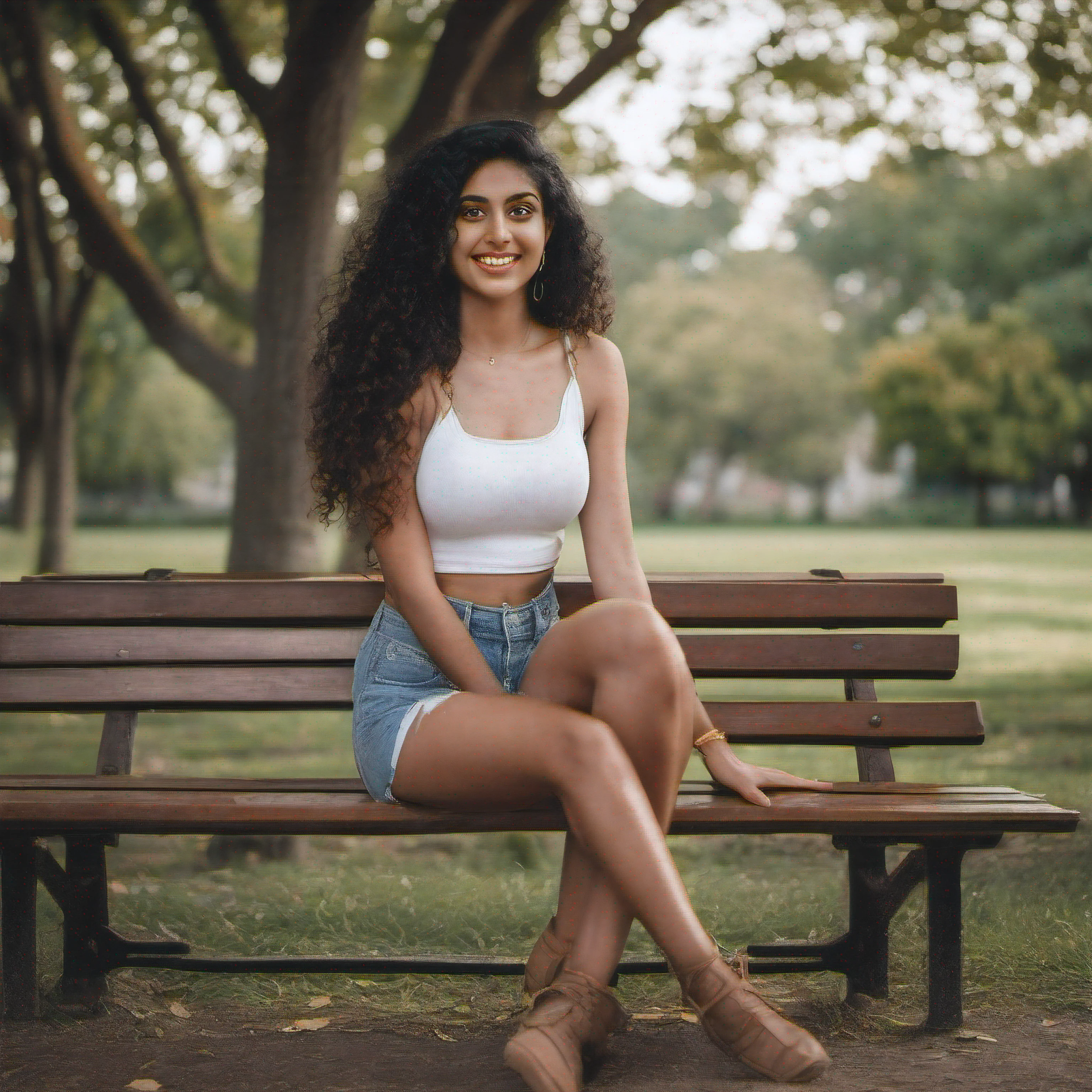 A young Indian woman with medium-length, curly black hair and bright hazel eyes. She is wearing a white crop top and high-waisted jeans. She is photographed in a park, sitting on a bench surrounded by trees. She is looking directly at the camera and smiling. The lighting is soft and natural, and the composition is centered.
