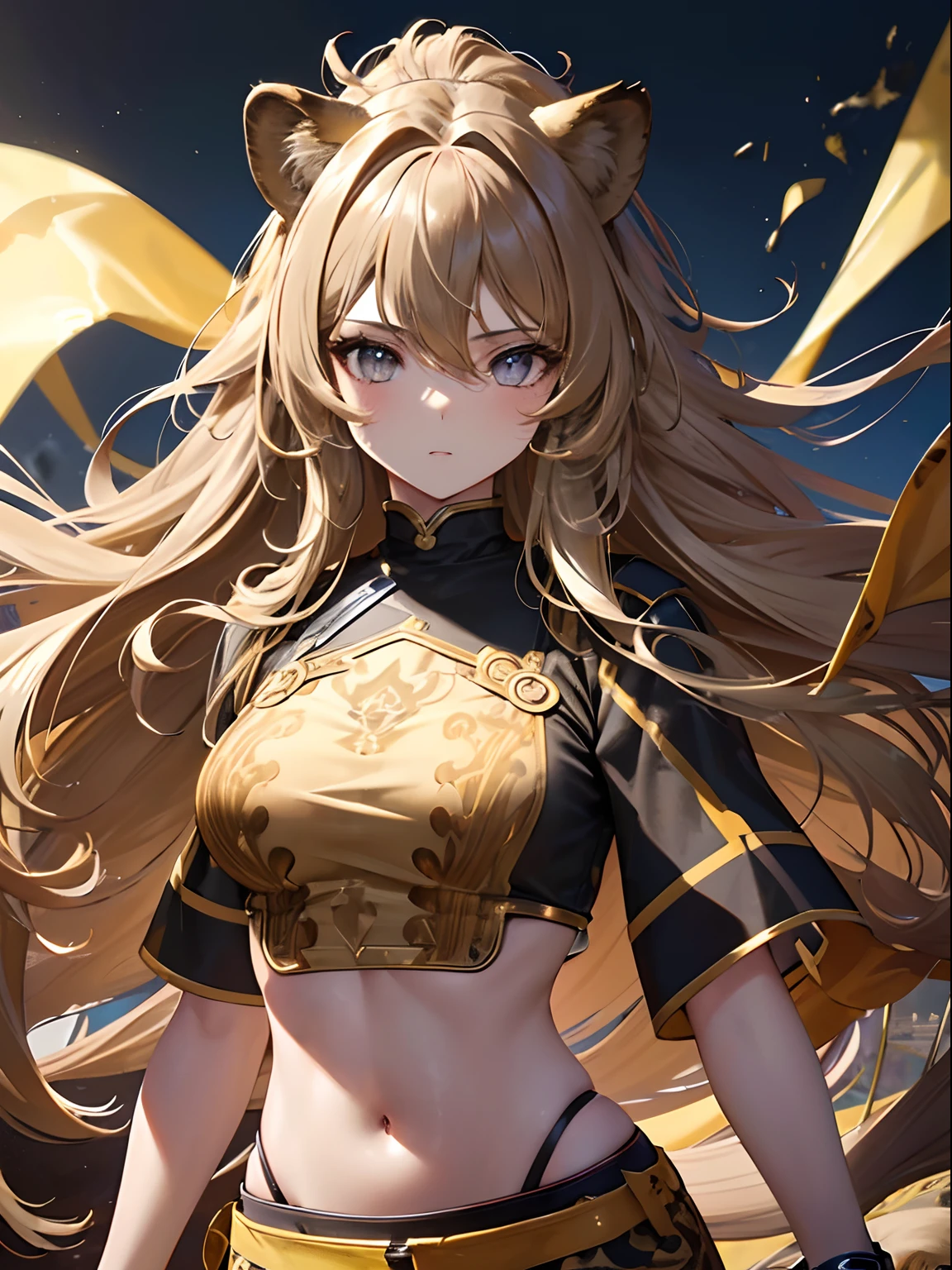 (Masterpiece, Best quality, ultra high resolution),1girl,yellowish brown hair,(mane, extremely long hair, very curly hair),lion ears,lion tail, beautiful and detailed face, detailed eyes,animal print crop top,(grey theme),in the savanna