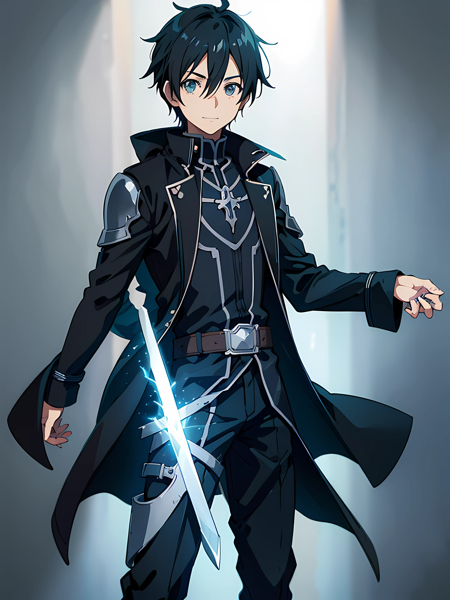 Kirito, anime style cool guy, sword art online, black slim armor, black trench coat, 1boy, looking at viewer, standing, thinking, smiling, upper body, ultra-detailed, Simple background, high quality, high resolution