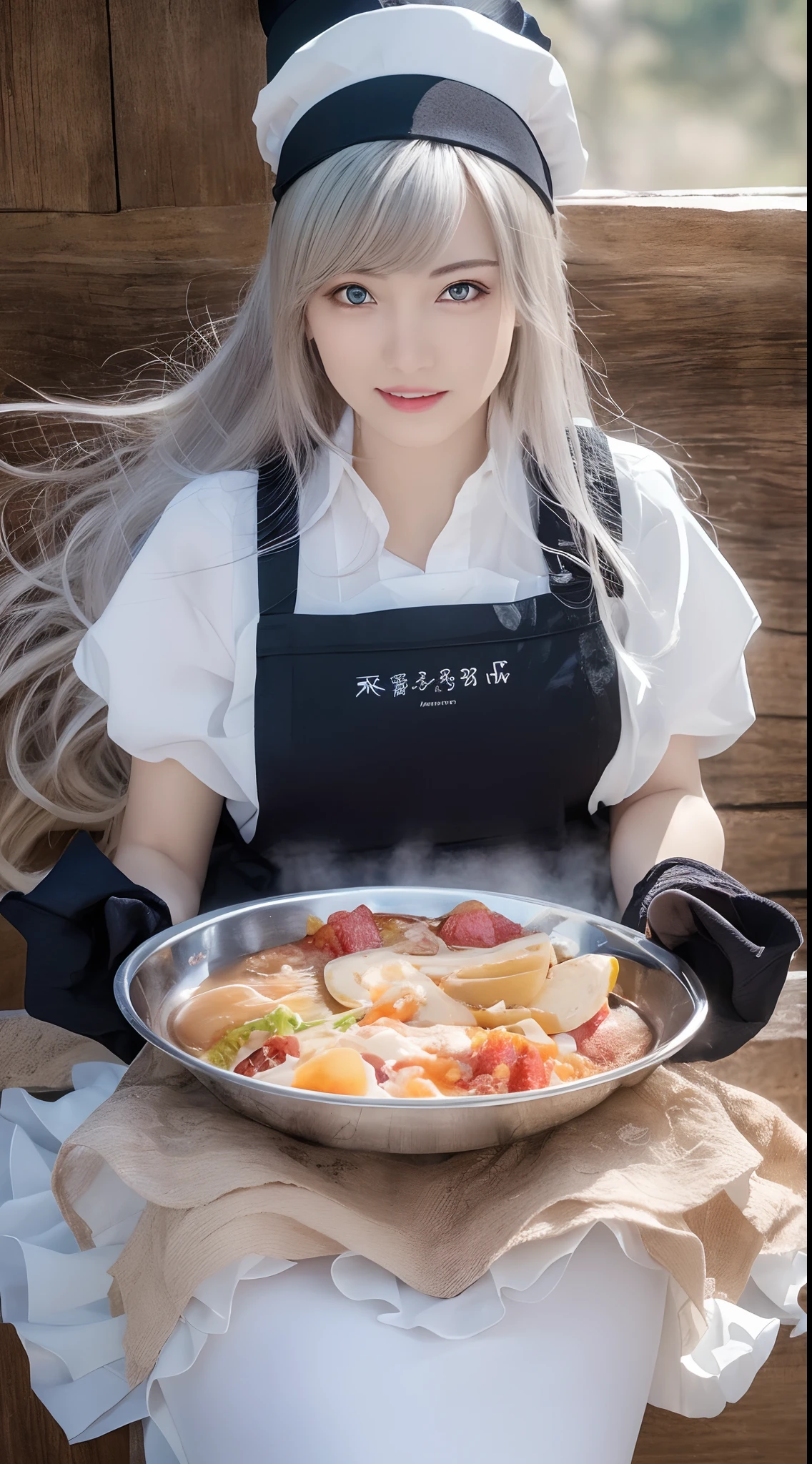 (Best quality, Ultra-detailed, photo-realistic:1.37), Silver-haired woman, Fantastic blue eyes, Happy woman beating eggs with chopsticks, Soft lighting, pink apron, illustration, bangs, Flowing hair, Gentle breeze, Shiny hair, Thick egg whites, Close-up of black stockings, mitts, chef's hat.