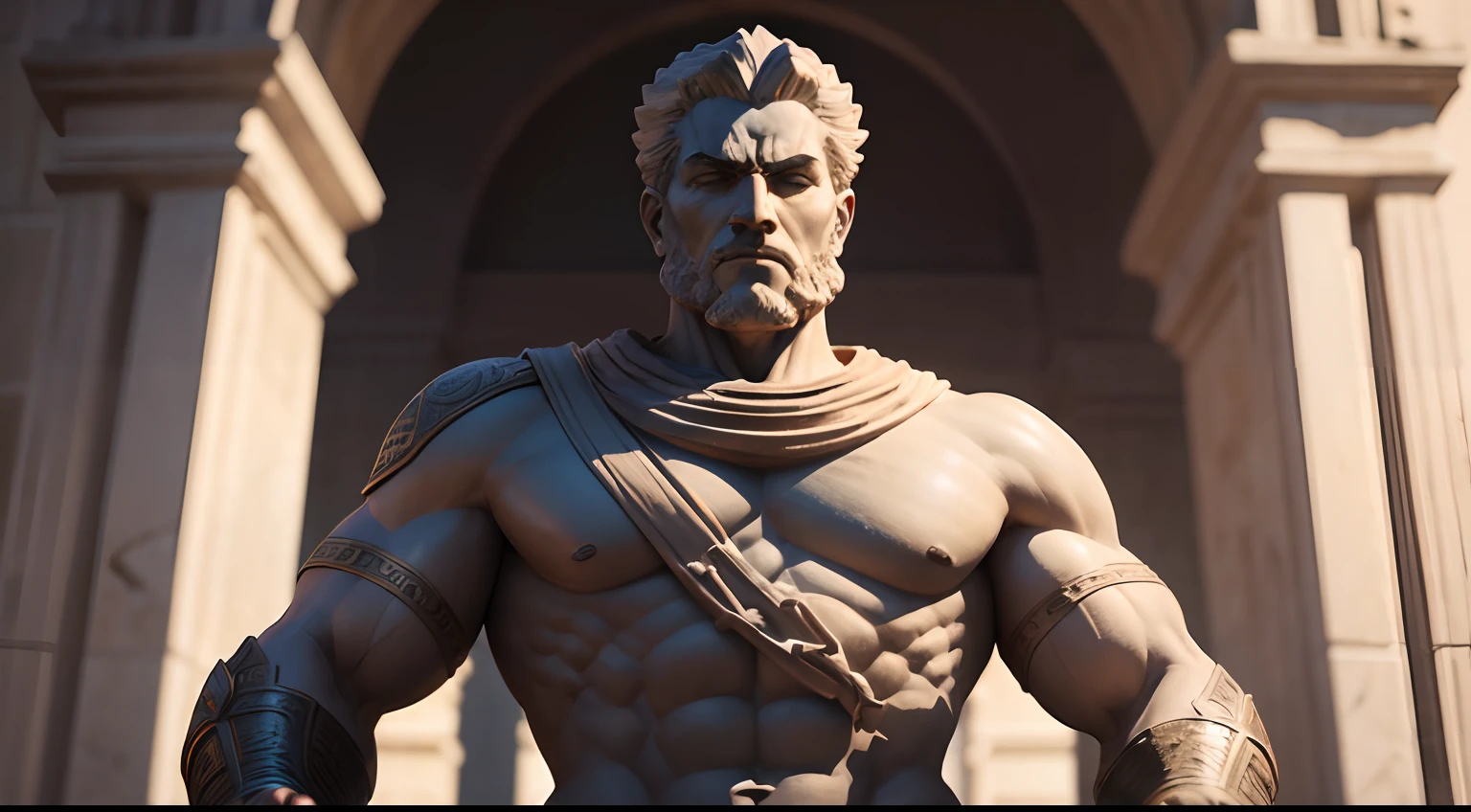 Strong male stoic stone statue, with an expression of anger, wearing tunic, Noite escura, Symmetrical fundo grego antigo do templo, 35 mm, lateralmente, Filmado em Sony A7S III com Sony FE 35mm f/1.8, 12.1 MP, --AR 3:2 --estilo cru