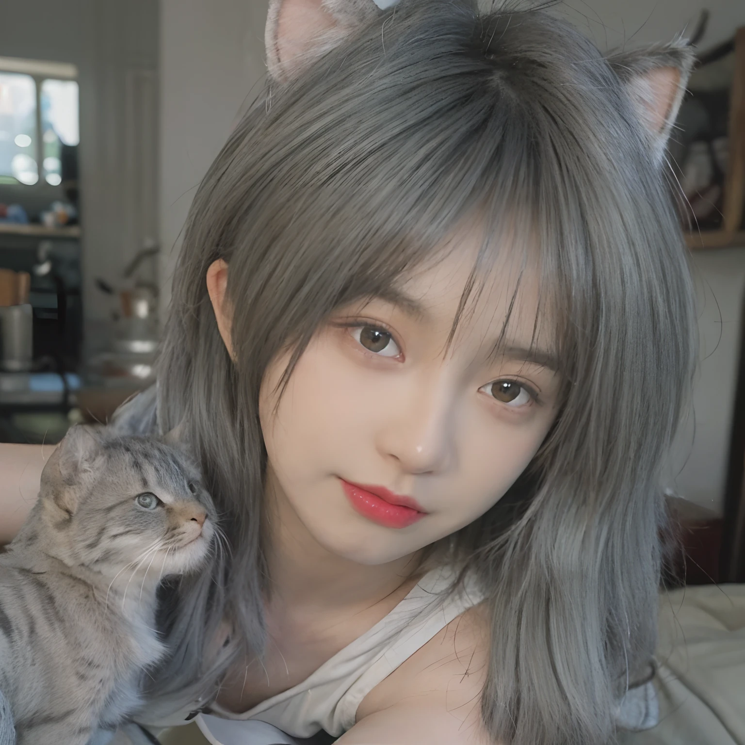 8K,((NSFW))、(Sexy poses collection)、((in one's underwear only))、(((Gray hair color))) 、undersized head、Best Quality, masutepiece, Ultra High Resolution, (Realism: 1.4), Original photo, (True skin texture: 1.3), (Film grain: 1.3), Beautiful eyes and face details, masutepiece, Best Quality, close up, Full body, Look at the viewer,Orange ribbon、short-cut、18year old、gray cat ears