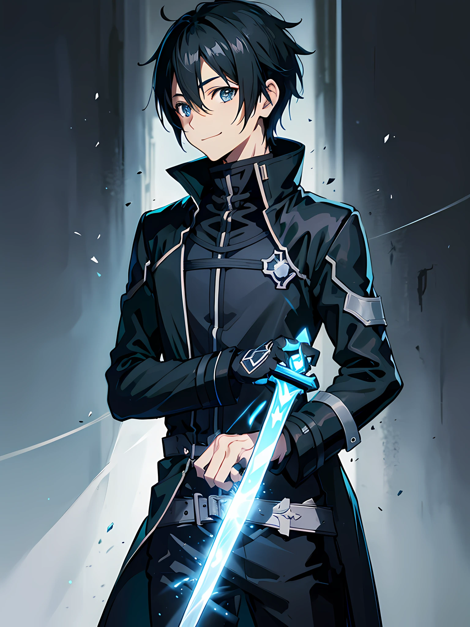 Kirito, anime style cool guy, sword art online, black slim armor, black trench coat, 1boy, looking at viewer, standing, thinking, smiling, upper body, ultra-detailed, Simple background, high quality, high resolution