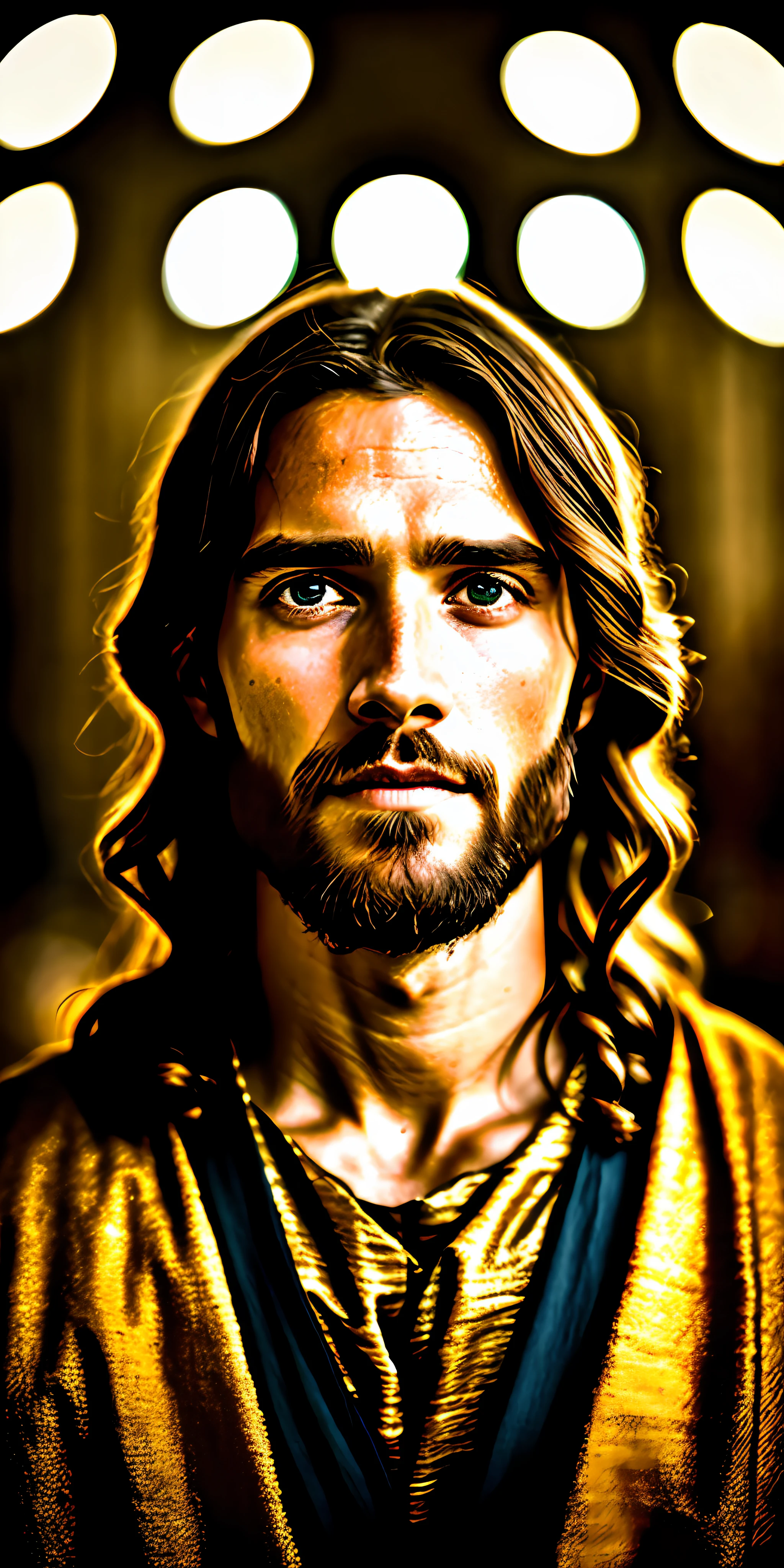 biblical jesus portrait, cinematic lighting, depth of field, bokeh, realism, photorealistic, hyperrealism, professional photography, uhd, dslr, hdr