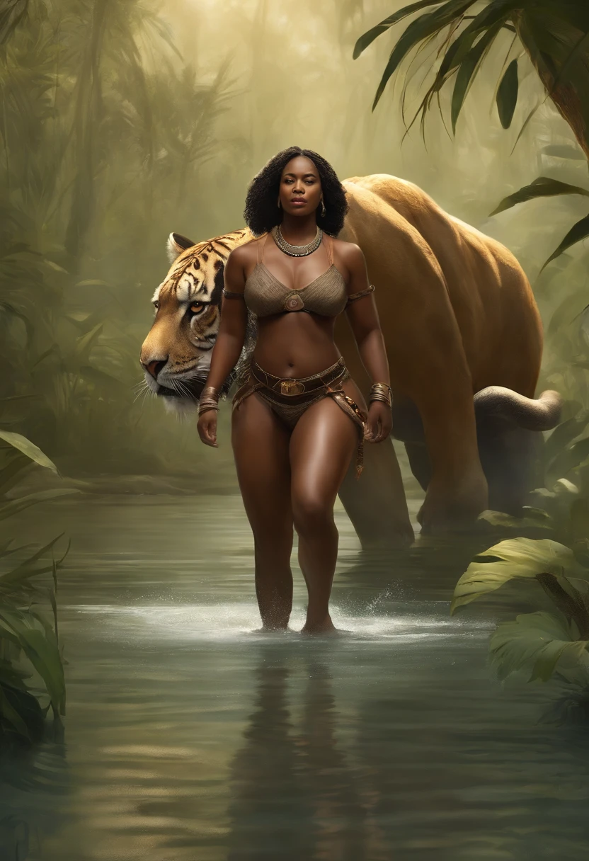 The image shows a full-figured, voluptuous black woman riding atop a large sabertooth tiger in an African swampland scene.
The woman has dark brown skin and full curves, with wide hips and a large bosom. She sits confidently on the back of the massive sabertooth, grasping its fur with one hand while the other rests casually on her thigh.
The sabertooth is mid-stride, with its muscular feline limbs propelling it powerfully through the swampy landscape. The tiger's face is framed by long, curved fangs, though its ears are relaxed as it carries its rider through the territory.
In the background, the lush green of an African swamp extends as far as the eye can see. Lilypads, hanging vines, tropical flowers and palm trees create a humid, wild setting as the sabertooth tiger trods through the marshy earth and pools of water.
The woman wears a simple brown bandeau top and loincloth, with bracelets on her wrists and upper arms. Her posture is strong and composed, showing no fear riding the prehistoric beast. She looks focused amidst the primeval African swamplands, as though the dangerous environment is simply part of her daily life.
Overall, the scene depicts the thick black woman and her sabertooth mount blending into the tropical swamp surroundings, creating an image of beauty, strength and confidence.