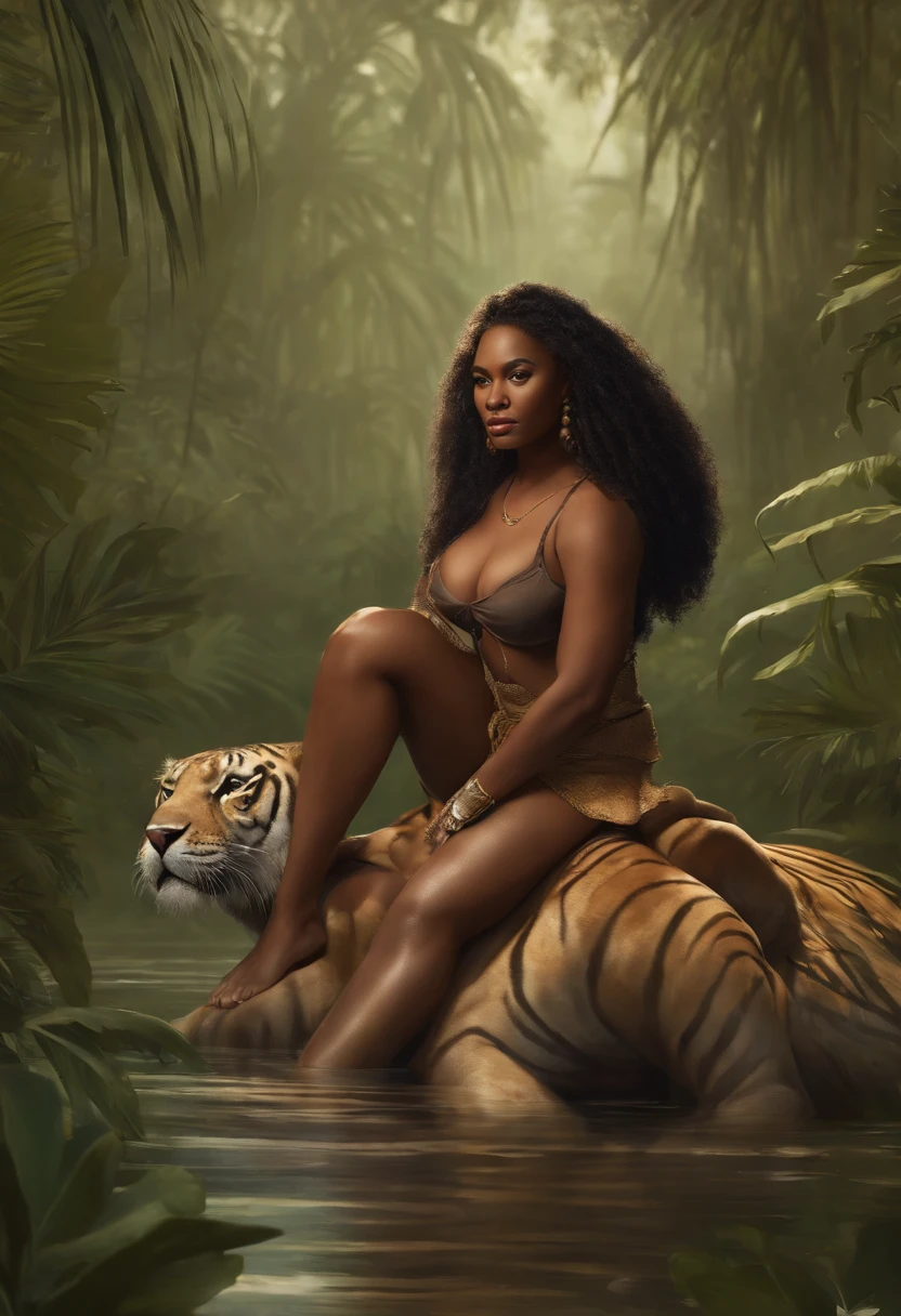 The image shows a full-figured, voluptuous black woman riding atop a large sabertooth tiger in an African swampland scene.

The woman has dark brown skin and full curves, with wide hips and a large bosom. She sits confidently on the back of the massive sabertooth, grasping its fur with one hand while the other rests casually on her thigh.

The sabertooth is mid-stride, with its muscular feline limbs propelling it powerfully through the swampy landscape. The tiger's face is framed by long, curved fangs, though its ears are relaxed as it carries its rider through the territory.

In the background, the lush green of an African swamp extends as far as the eye can see. Lilypads, hanging vines, tropical flowers and palm trees create a humid, wild setting as the sabertooth tiger trods through the marshy earth and pools of water.

The woman wears a simple brown bandeau top and loincloth, with bracelets on her wrists and upper arms. Her posture is strong and composed, showing no fear riding the prehistoric beast. She looks focused amidst the primeval African swamplands, as though the dangerous environment is simply part of her daily life.

Overall, the scene depicts the thick black woman and her sabertooth mount blending into the tropical swamp surroundings, creating an image of beauty, strength and confidence.