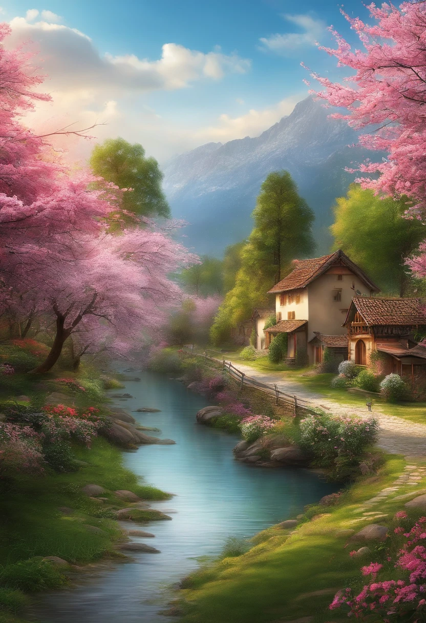Draw a river with a small village, anime beautiful peace scene, very beautiful landscape, landscape artwork, landscape art detail, very beautiful digital art, beauty of natural landscape, beautiful art UHD 4 K, very beautiful photos, beautiful nature, landscape wallpaper, really beautiful nature, beautiful digital artwork, beautiful background, cherry blossom trees, nature style
