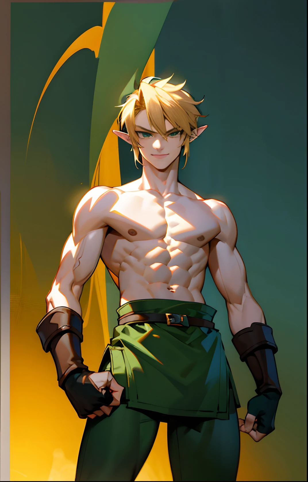 blond, tall, green-eyed guy, viking style, russian hero style, strong,  anime style, anime  , link, ( short gloves), standing, (topless:1.3), demigod , (muscular:0.5)(from above:0.1),(sport:0.2), (empty dojo),(smiling:0.2), (dominant),(evil:0.6)(confident)(sadistic)(adult:1)(masculine:1.2)(slender:0.2)(from below:0.3)(powerful)(looking at viewer)(pants)(raised eyebrows:0.2)