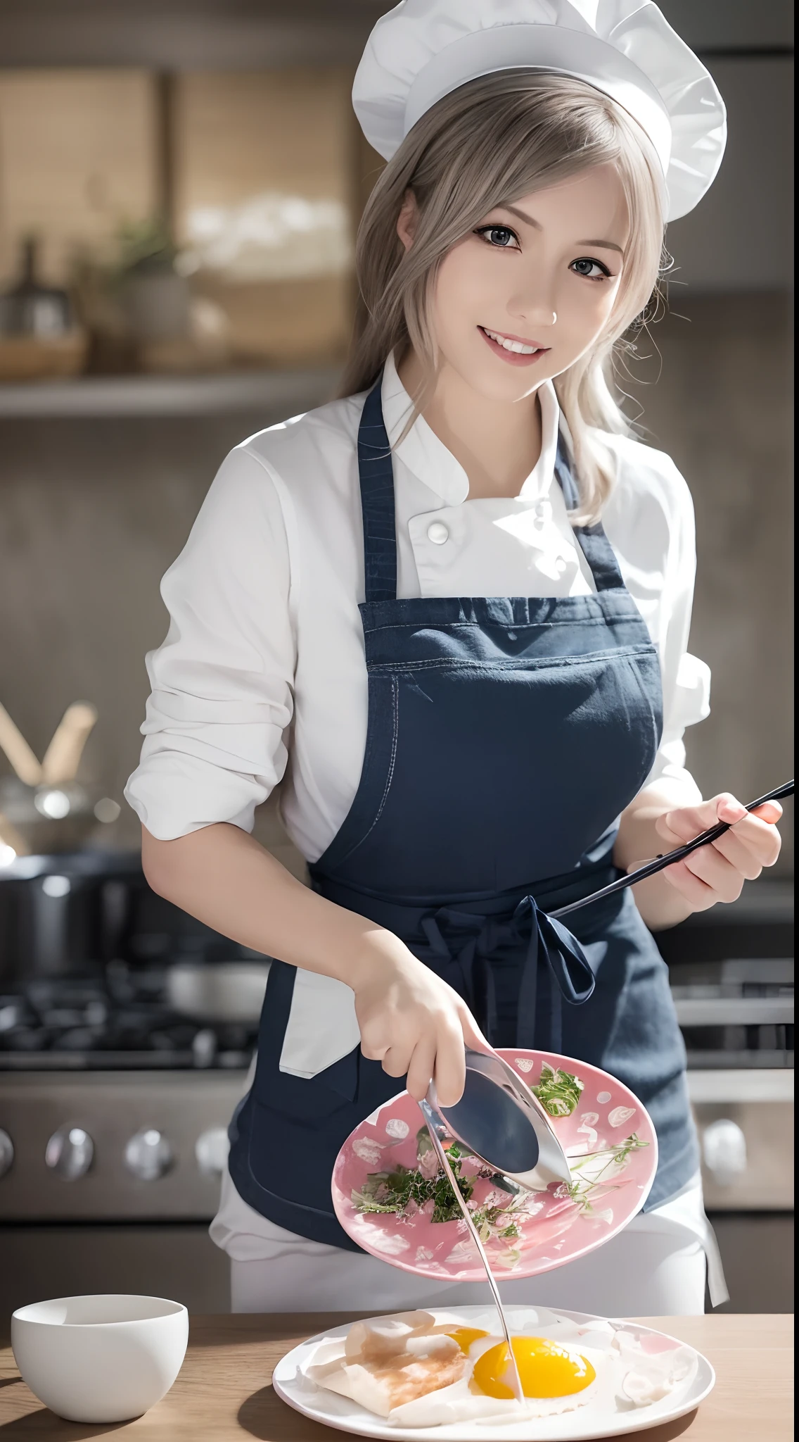 (Best quality, Ultra-detailed, photo-realistic:1.37), Silver-haired woman, Fantastic blue eyes, Happy woman beating eggs with chopsticks, Soft lighting, pink apron, illustration, bangs, Flowing hair, Gentle breeze, Shiny hair, Thick egg whites, Close-up of black stockings, mitts, chef's hat.