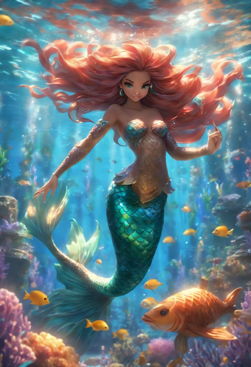 (professional 3d render:1.3) ((full body of a mermaid swimming)) most beautiful artwork photo in the world，(((redn hair))), ((detailed brown eyes)), Mediterranean face, beautiful face, Caucasian, ((long mermaid tail)), (((detailed mermaid fins))), full body, movement, Features soft and shiny, ((Epic mermaid fantasy long hair in dynamic pose,full tail, Fantastic location, Majestic cluttered environment)), full body 8k unity render, huge Boobs, action shot, skin pore, heavyshading, Detailed, Detailed face, (fish scales:1.4), ((((mermaid tail)))), (Intricate:1.4), decadent, (Highly detailed:1.4), Digital painting, rendering by octane, art stations, concept-art, smooth, Sharp focus, illustration, Art germ, (loish:0.23), (Global illumination, Studio light, volumettic light), underwater, ocean, lotr, fantasy, mermaid, ((ocean background:1.3)),((sea life:1.3)),((corals:1.3)),CGSesociety,art stations