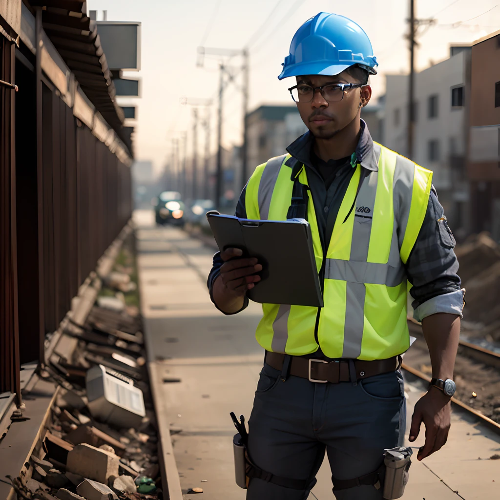 A well-equipped civil engineer on a public works site in black perspective view