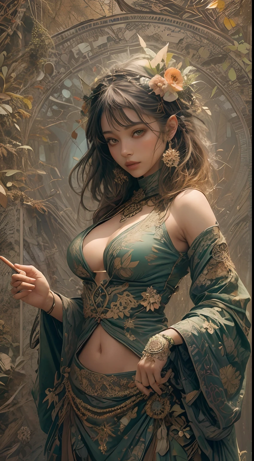 1sexy girl with forest clothes, flowers, leaves, mandalas, fractal