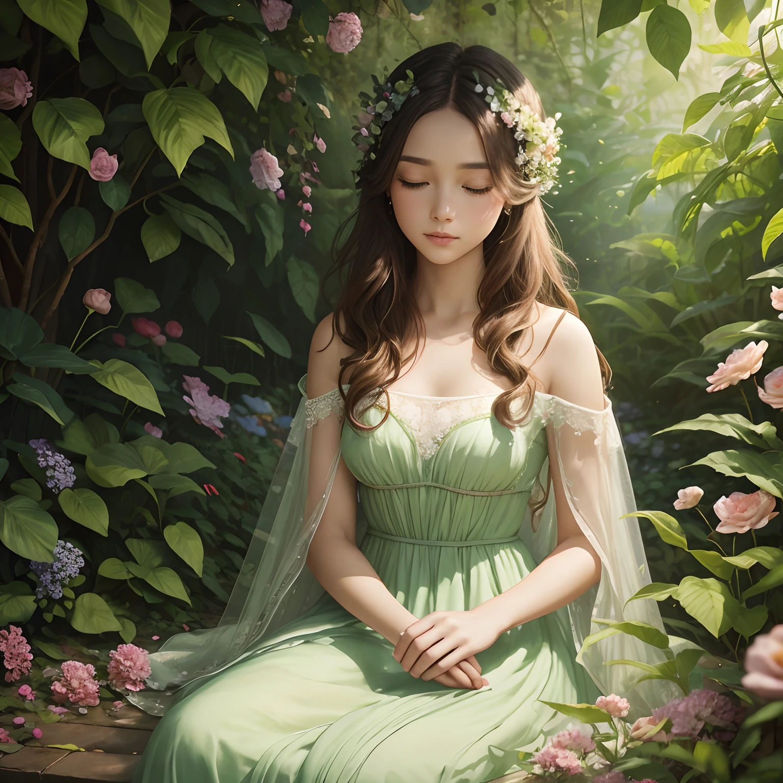 girl in a garden, oil painting, vibrant colors, sunlight filtering through leaves, blooming flowers, lush greenery, peaceful atmosphere, flowing dress, serene expression, whimsical details, delicate brushstrokes, romantic ambiance, soft lighting, dreamlike setting, meticulous attention to texture, fine details, masterful composition, ethereal beauty, natural elements, harmonious blend of nature and feminine grace, captivating and enchanting scene, immersive and lifelike portrayal, best quality, highres, vivid colors, studio lighting.