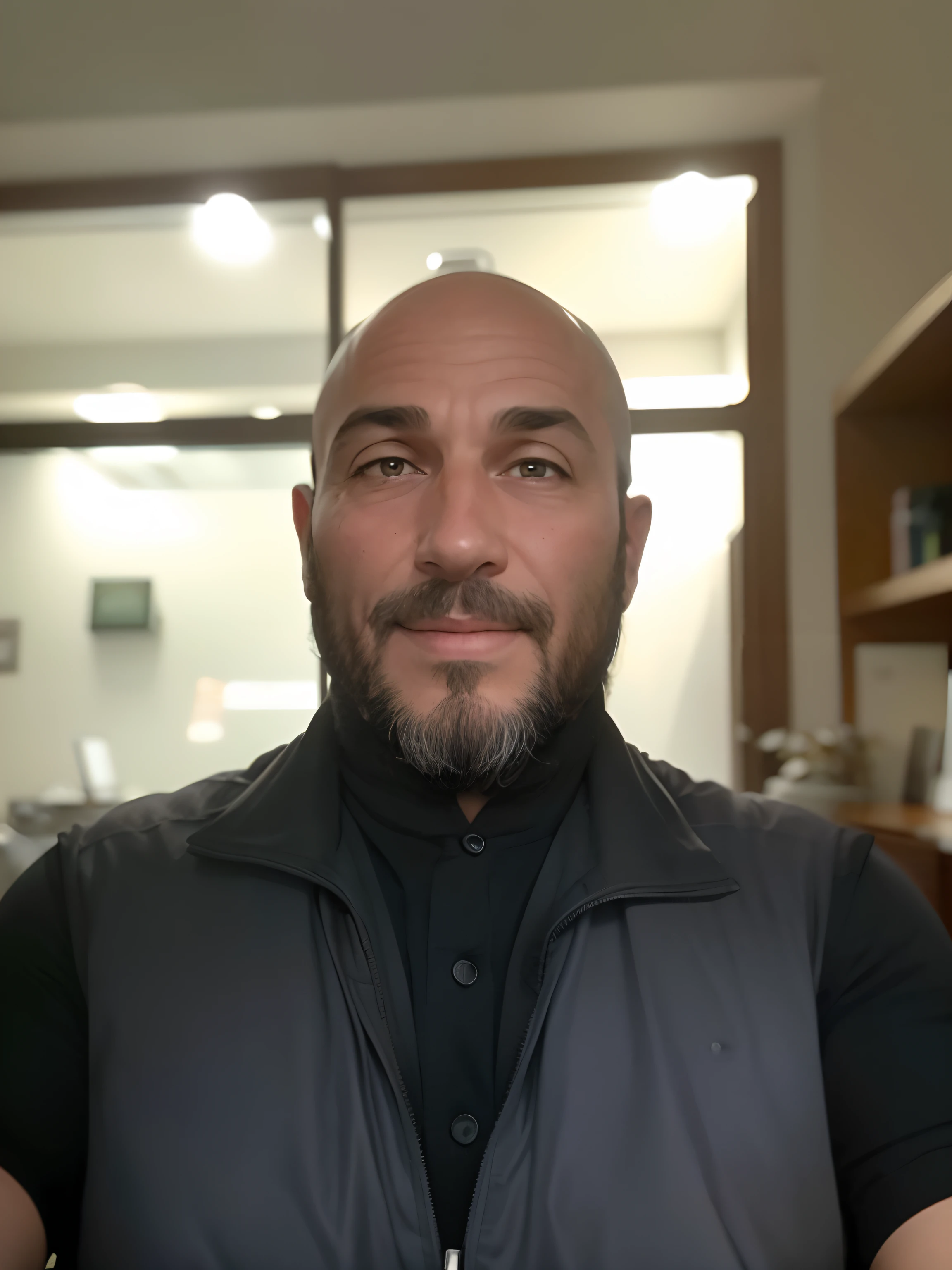 Create the image of a middle-aged 43 year old, Greek, handsome, with a fit body, wearing a black shirt with sleeves rolled up to the elbows, brown eyes, wearing an Apple Watch in his left hand, a nutritionist, sitting in his office, in the dietician's office, with a MacBook in front of him, looking at the camera with confidence and serenity.