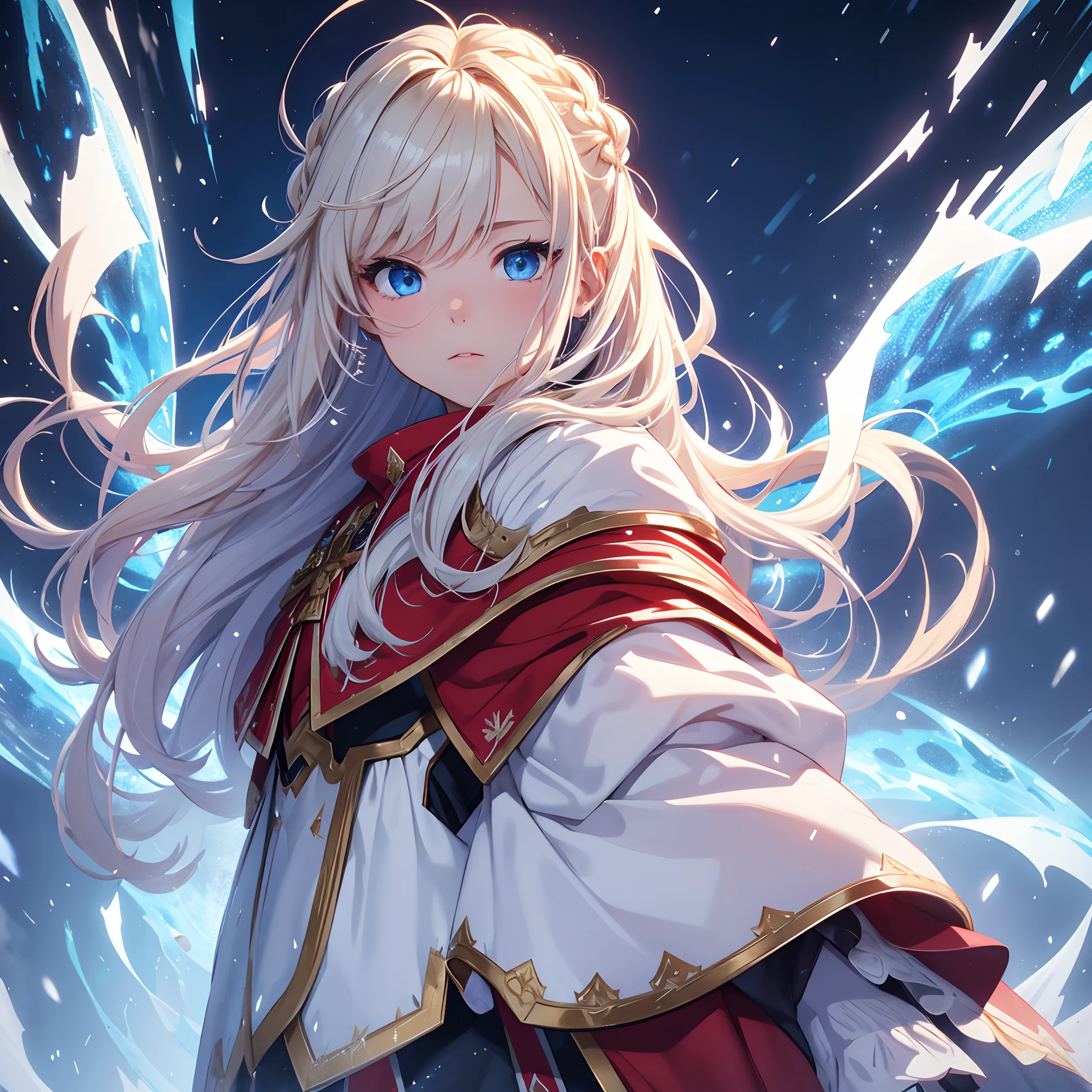 ​masterpiece、Clear blue eyes、Golden hair、Hair quality that emits a very beautiful light、Neat face、Punk Hairstyles、thick braid hair、boyish、Solo style、Immaculate world、blizzard、The red armor is dressed in blue plasma、red cloak、Big snowflake、It's snowing a lot、