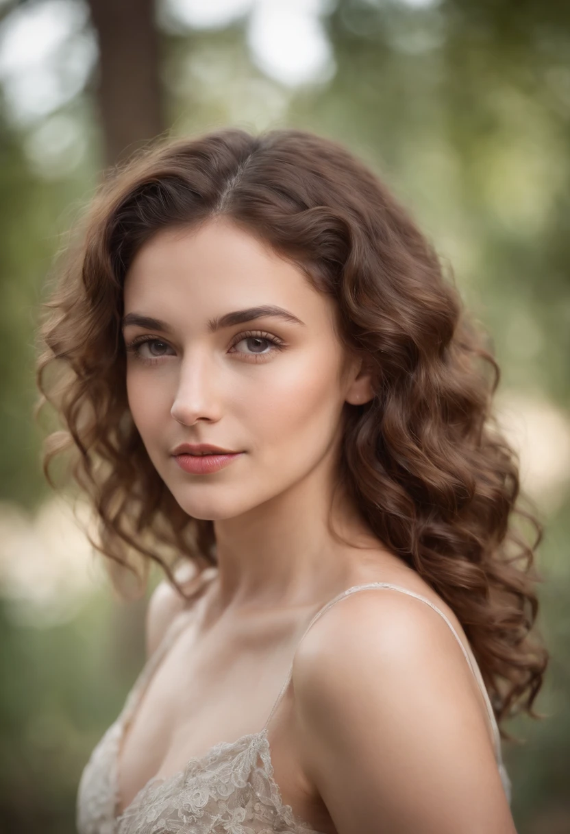 Young woman Curly brown hair that comes just a little over the shoulders