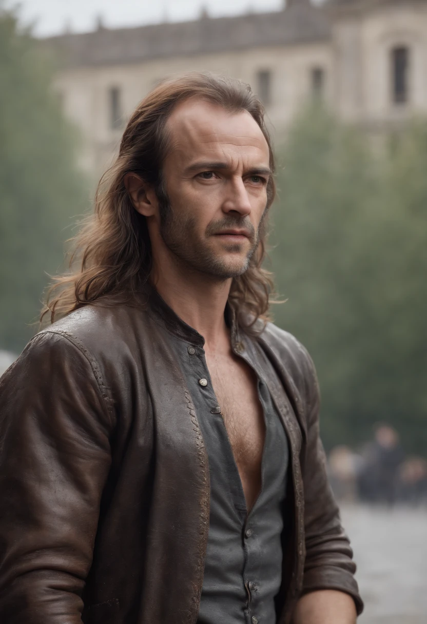 ((Epic jean-jacques goldman, rough wet angry hero look long hair short beard and fierce expression in dynamic pose, Emplacement fantastique, Money in the background, Inside a big bank, De nombreux photographes autour de lui , super detailed,, Majestic and crowded environment)), Rendu Unity 8k complet, action SHOT, Skin pore, Very dark lighting, ombrage lourd, Detailed, Detailed face , A pile of money in the background(Dynamique, Realistic Photography, Realstic, dramatique, Sombre, mise au point nette, 8k), (Old leather clothing damaged by the weather:1.4), ((((Portez de la fourrure)))), (complexe:1.4), decadent, (highly detailed:1.4), digital painting, rendu par octane, Art stations, concept art, lisse, mise au point nette, illustration, Art Germ, (loish:0.23)