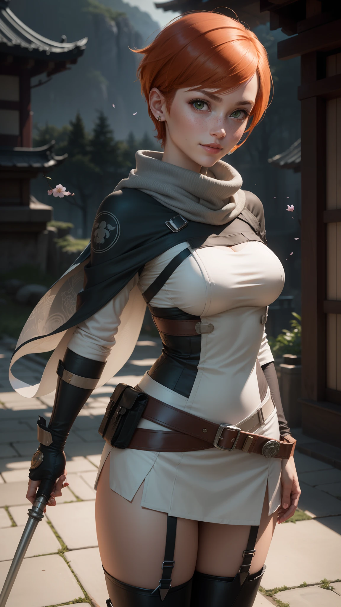 gwen tennyson,tracer,yorha 2b,rebecca chambers,samurai outfit,japan,steel armor,teenager,green eyes,garter belt, thigh high boots,short hair,orange hair,moonlight,cherry blossom,shy smile,white striped top,bodycon skirt, kimono,freckles,redhead,beautiful girl,large breasts,ultra detailed,realistic, ninja scarf,short ninja cape,holding a spear,small earrings,river,striped panties,