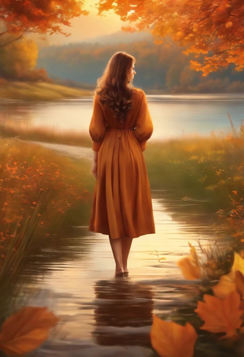 draw a beautiful girl were glass, walking in an autumn village, grass, flowers, lake,