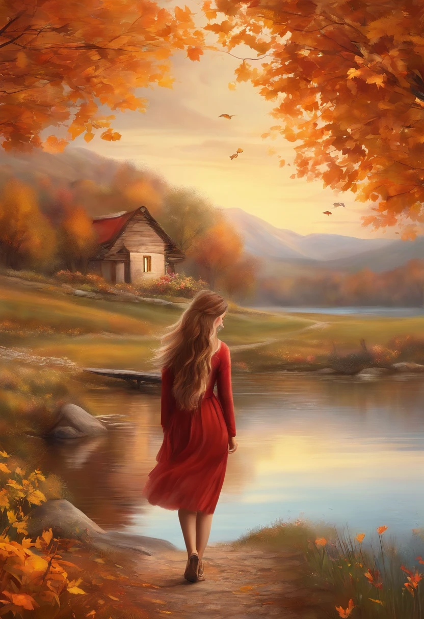 draw a beautiful girl were glass, walking in an autumn village, grass, flowers, lake,