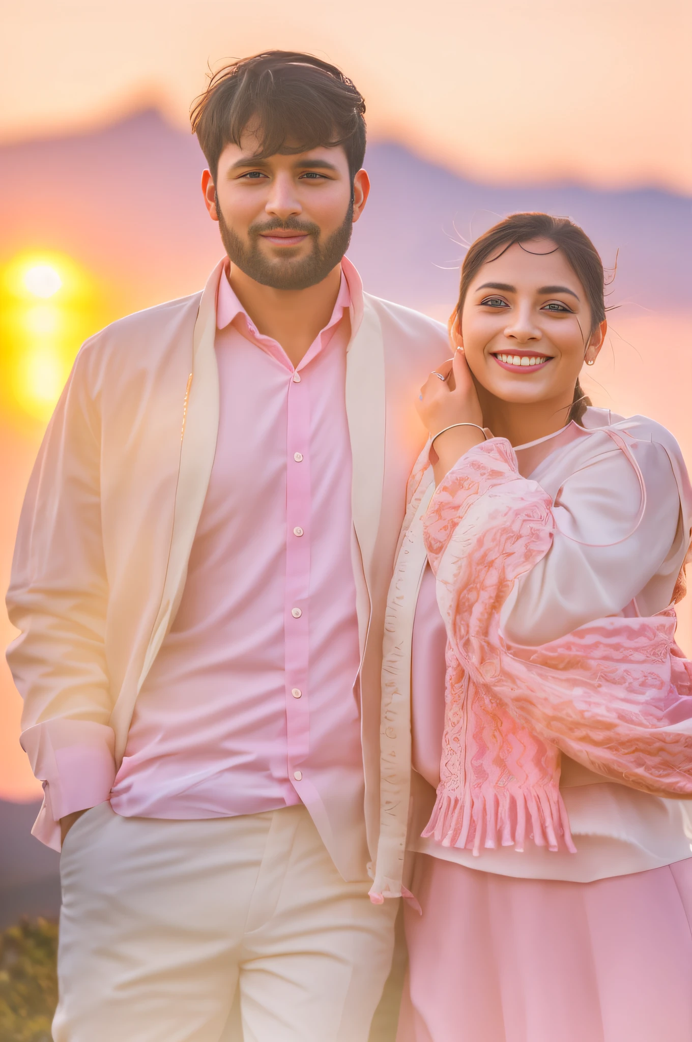 Craft a vivid and detailed scene featuring a loving couple, bathed in the warm hues of a pink and white-themed sunset, captured through the lens of a Canon 80D camera equipped with a high-quality lens. Behind them, majestic mountains loom, their peaks tinted with the soft, rosy light of dusk. As the sun descends towards the horizon, it paints the sky in delicate shades of pink and gold. In this enchanting setting, describe the couple holding hands, their profiles etched against the breathtaking backdrop. Amidst this romantic tableau, include the graceful presence of butterflies, their wings aflutter with vibrant colors, as they dance around the couple, adding an ethereal touch to this idyllic moment. Through the lens of the Canon 80D camera, capture every intricate detail of this scene, from the soft contours of the mountains to the radiant colors of the sunset and the intricate patterns on the butterflies' wings. Use evocative language to immerse the reader in the beauty and emotion of this scene, where love, nature, and photography converge in a symphony of colors, feelings, and technical expertise, Best Quality, Masterpiece, Ultra High Resolution, (Realism: 1.4), Original Photo