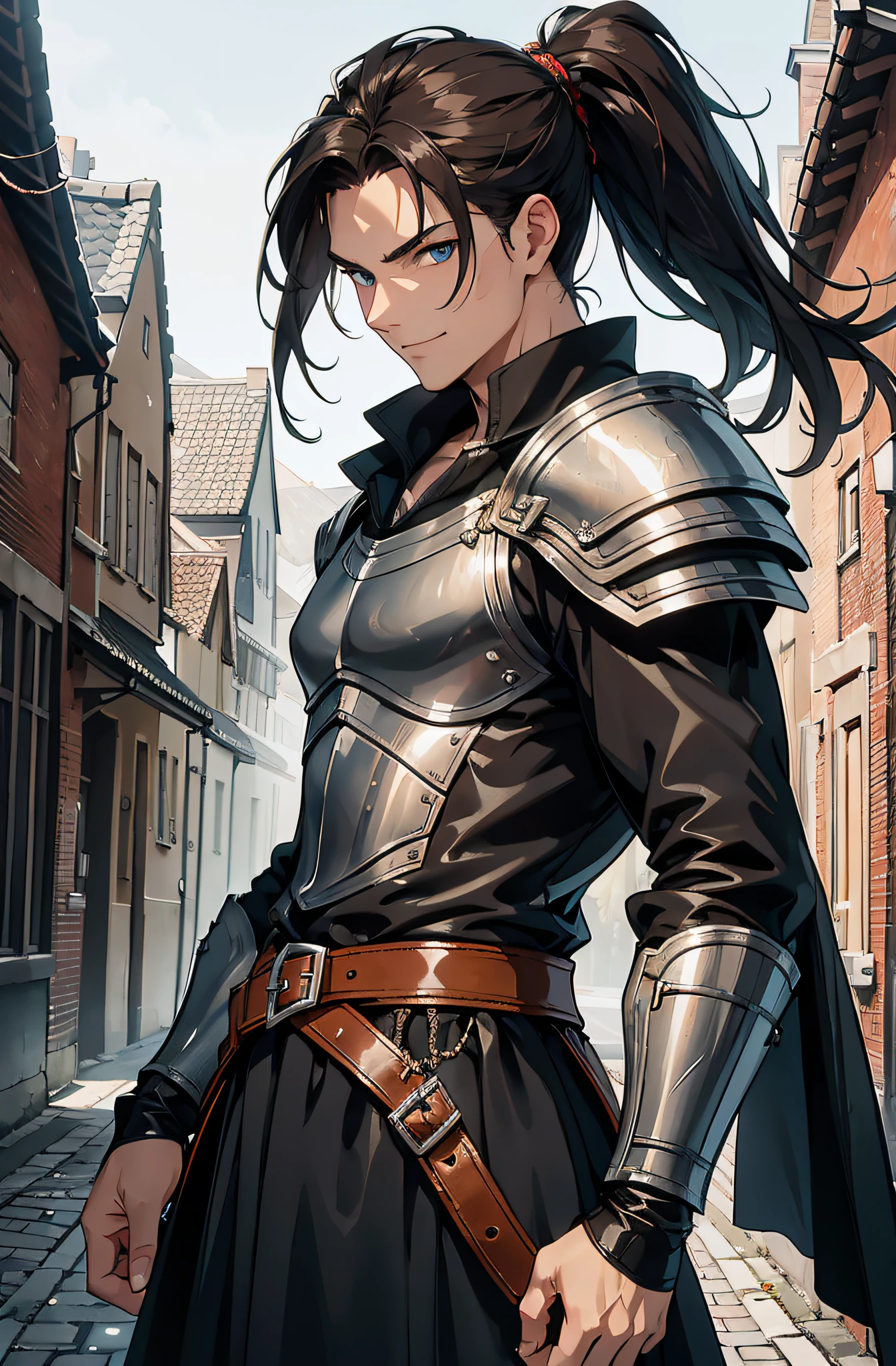 (Meisterwerk), best quality, ultra-high resolution, Ein Mann, elegant, ausdrucksstarke Augen, Perfektes Gesicht, half body, Blick auf den Betrachter, dutch angle, Cowboy erschossen, langes schwarzes Haar mit langem Pferdeschwanz, leather armor, Clothing for the Middle Ages, assasin, Dolch, easy smile, Detaillierter Hintergrund, mittelalterliche Gasse, Extreme Detailgenauigkeit, 4K