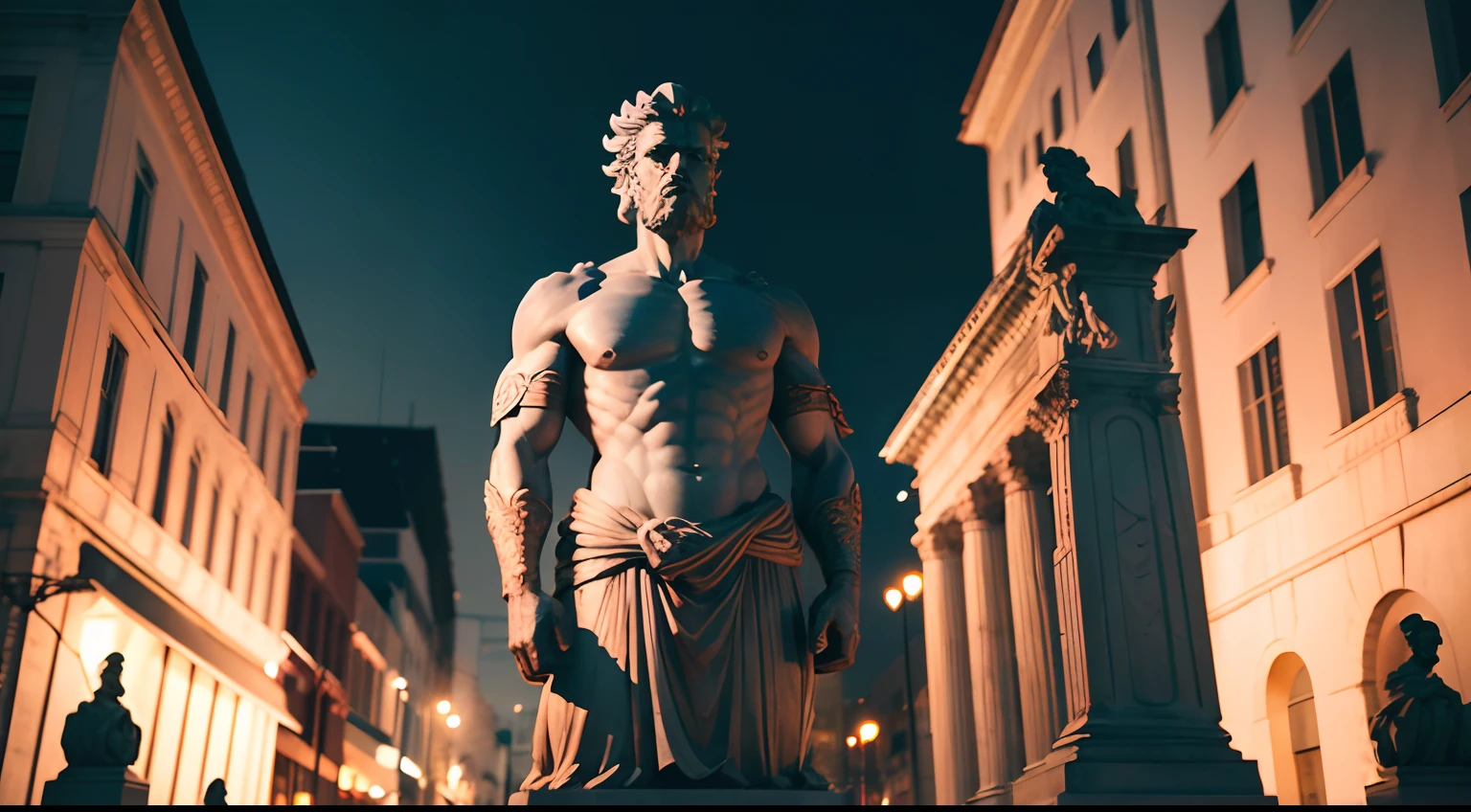 Strong Stoic statue, with an expression of anger, na rua, na noite escura, fundo grego antigo do templo, 35 mm, lateralmente, Filmado em Sony A7S III com Sony FE 35mm f/1.8, 12.1 MP, --AR 3:2 --estilo cru