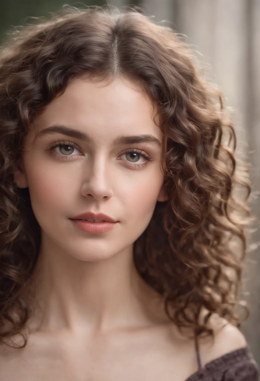 Young brunette woman with curly hair coming down the neck, above the shoulders.