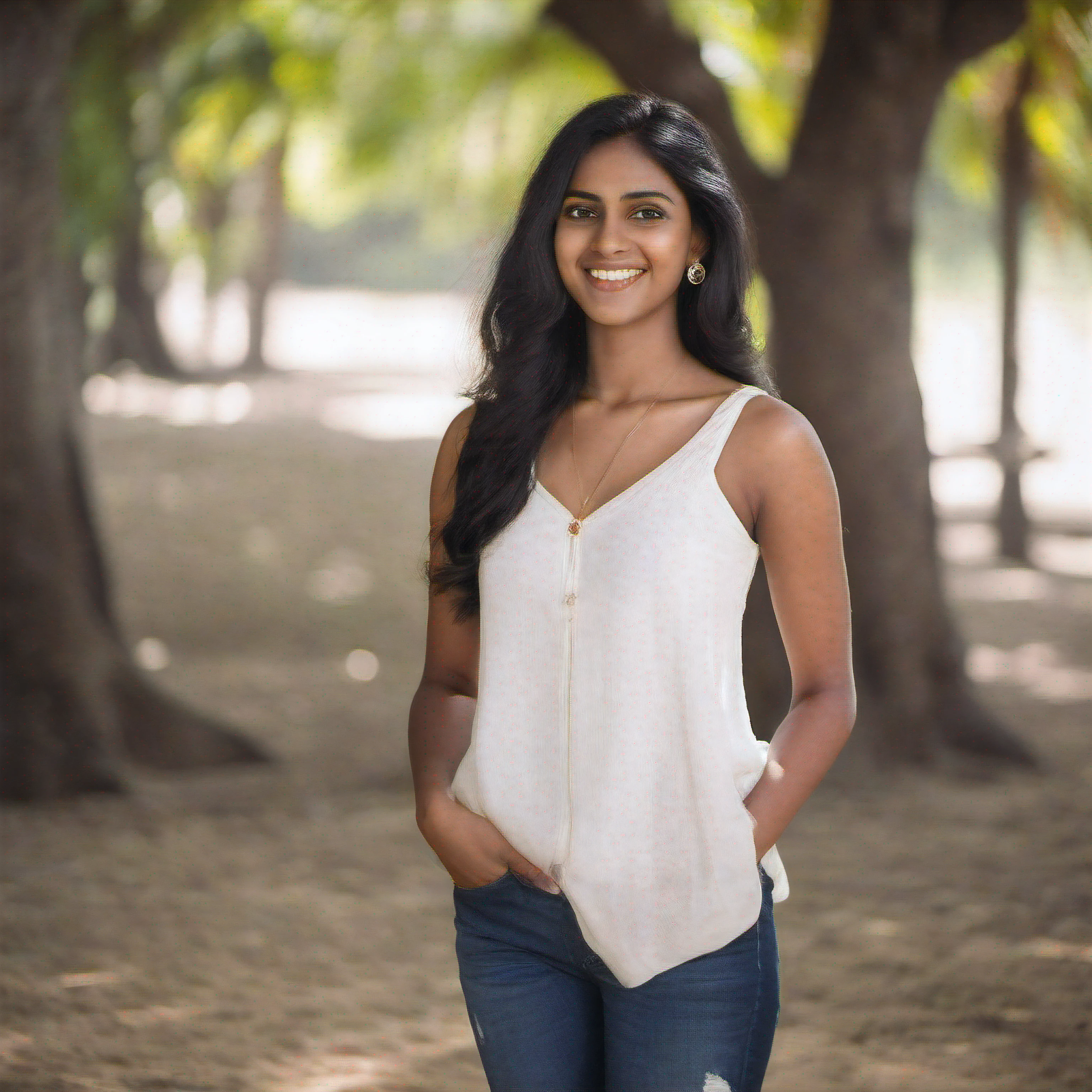 A beautiful Indian girl with dark skin, long, flowing black hair, and big, expressive brown eyes. She is wearing a white top and jeans, and she has a warm, inviting smile. She is photographed in a natural setting, such as a park, a forest, or a beach. The lighting is soft and flattering, and the composition is well-thought-out.