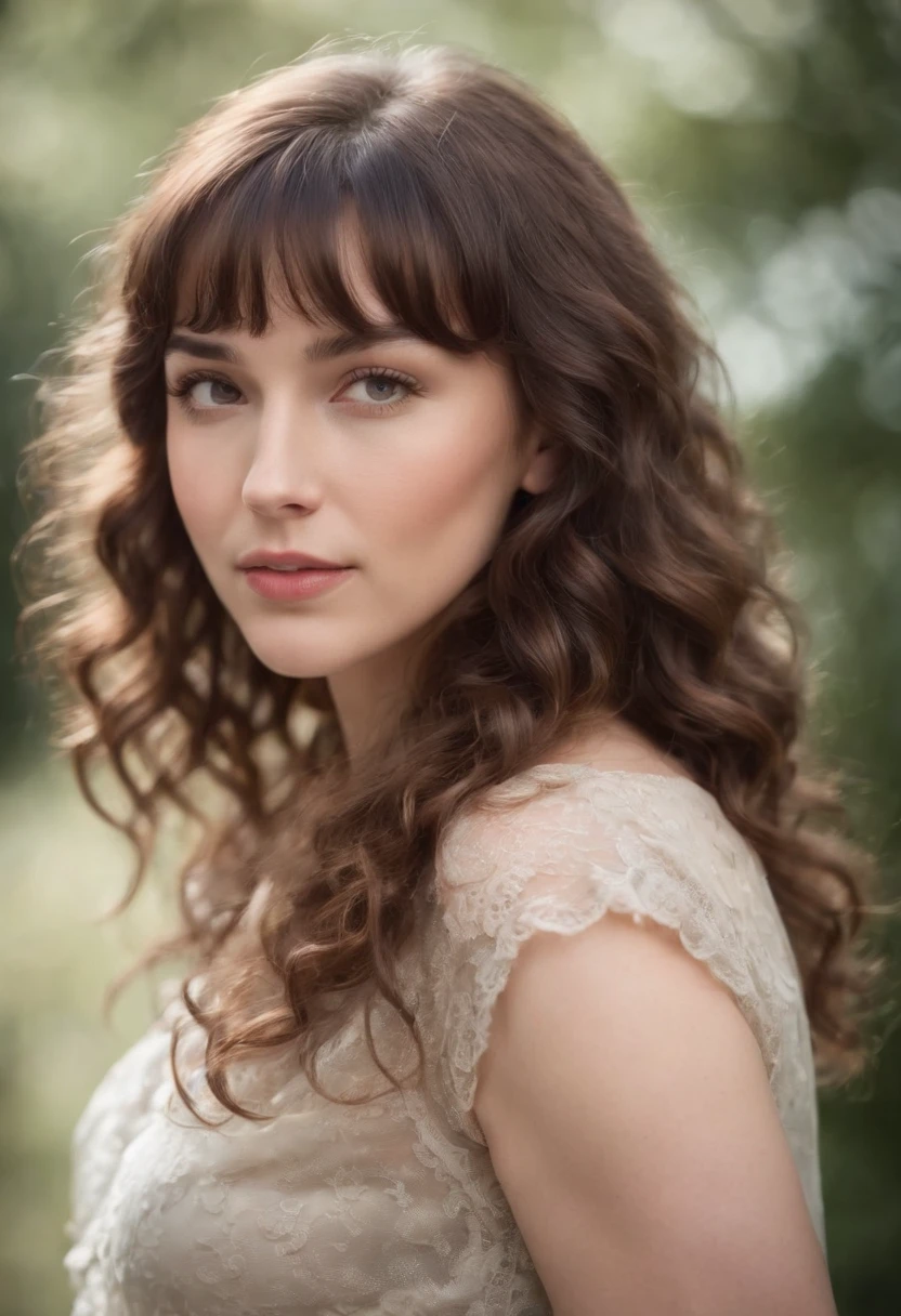 Young brunette woman with curly hair with bangs that reach the bottom of the neck, above the shoulders.