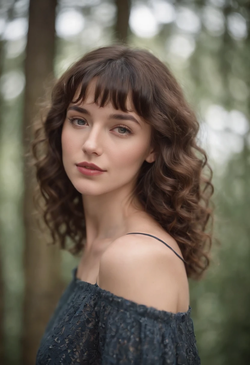 Young brunette woman with curly hair with bangs that reach the bottom of the neck, above the shoulders.