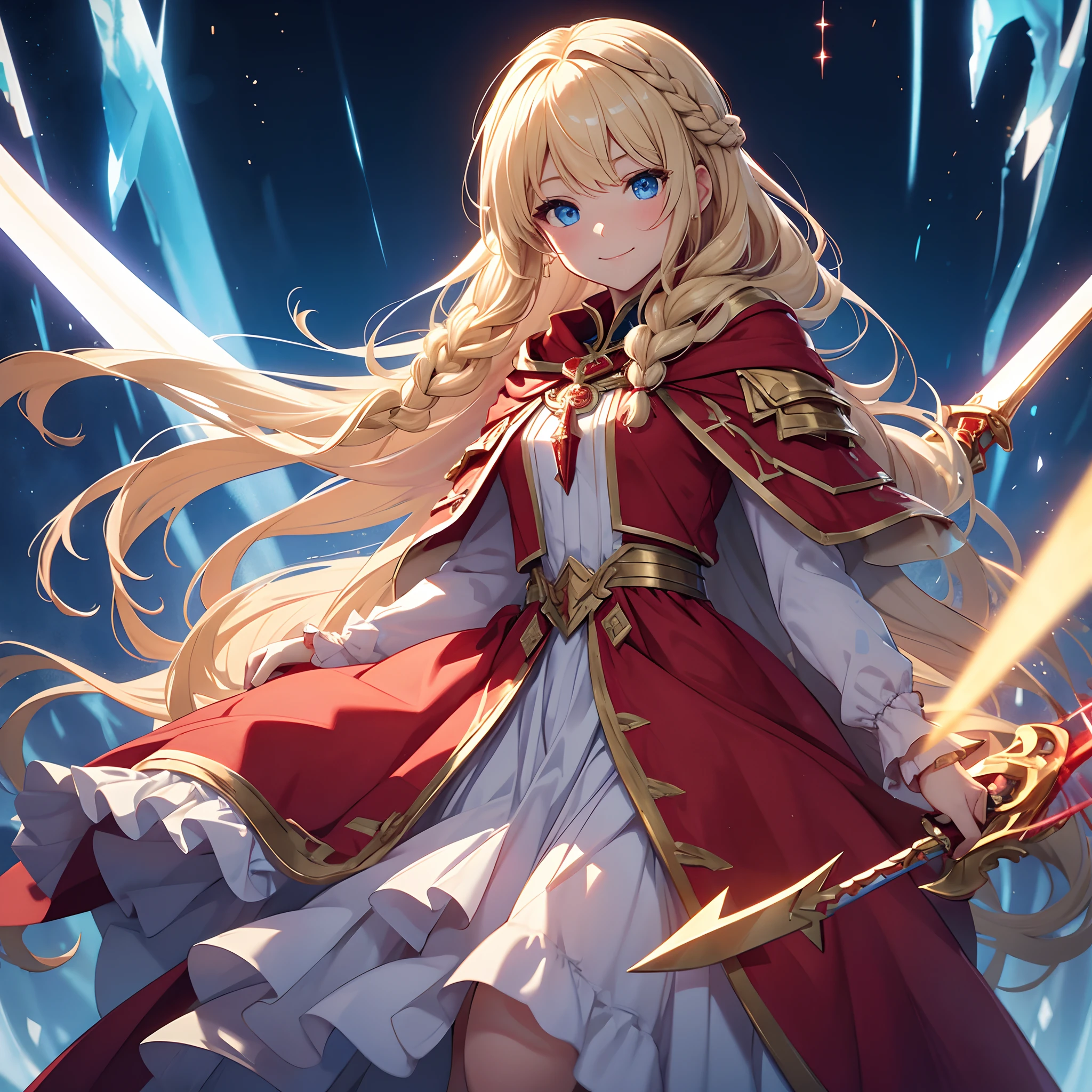 ​masterpiece、Clear blue eyes、Golden hair、Hair quality that emits a very beautiful light、Neat face、Clear smile、thick braid hair、boyish、Solo style、Immaculate world、Red armor is dressed in blue plasma、red cloak、Magic clothing with frills、Holding the Great Sword、