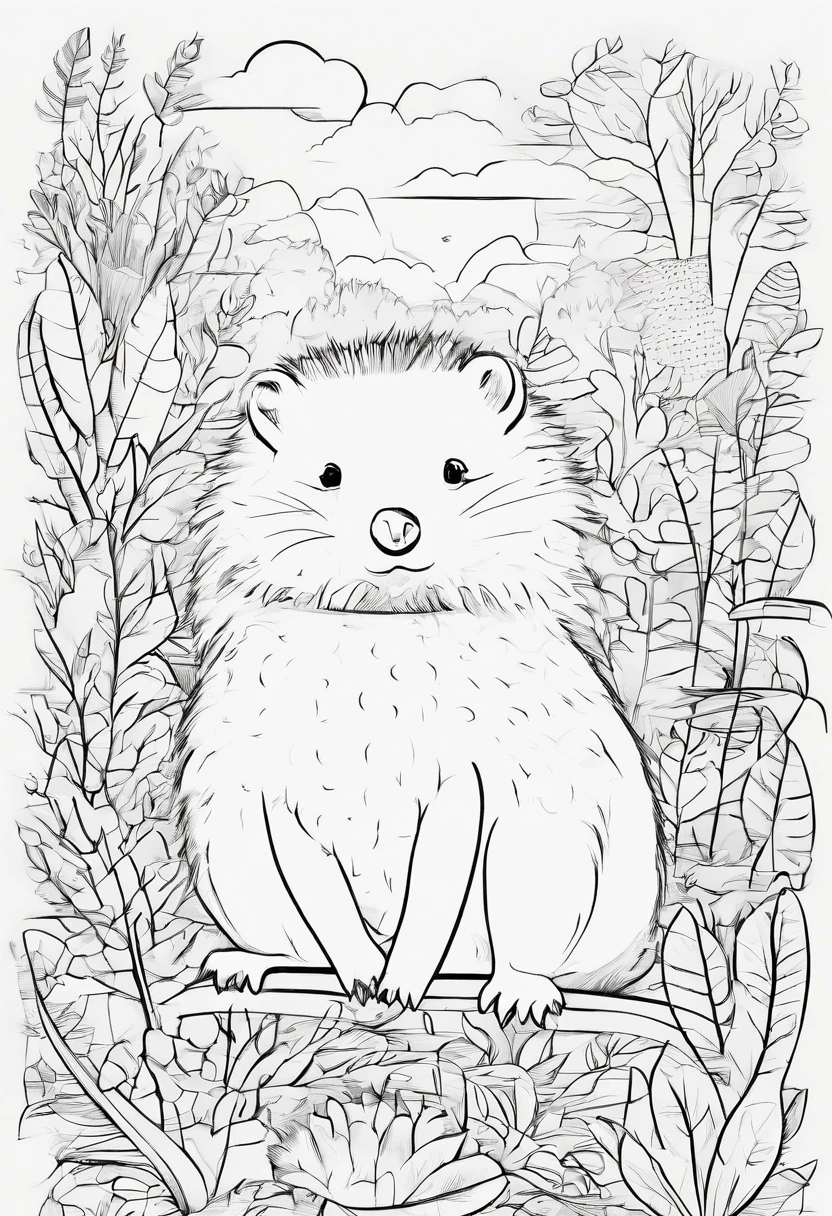 Zoo animals,Hedgehog , cartoon style, line drawing background, white background, monochrome, line drawing, ((sketch)), for coloring