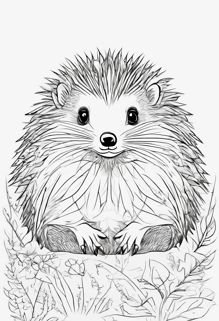 Zoo animals,Hedgehog , cartoon style, line drawing background, white background, monochrome, line drawing, ((sketch)), for coloring