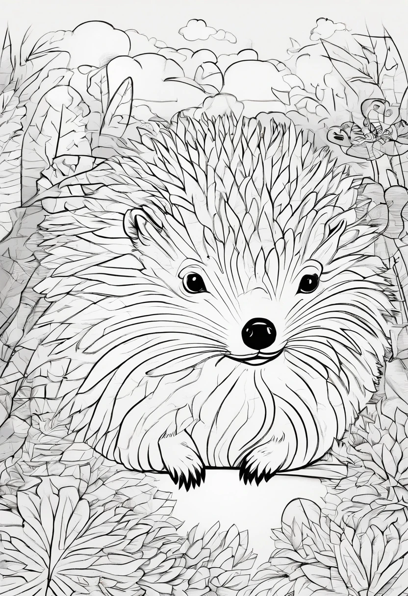 Zoo animals,Hedgehog , cartoon style, line drawing background, white background, monochrome, line drawing, ((sketch)), for coloring
