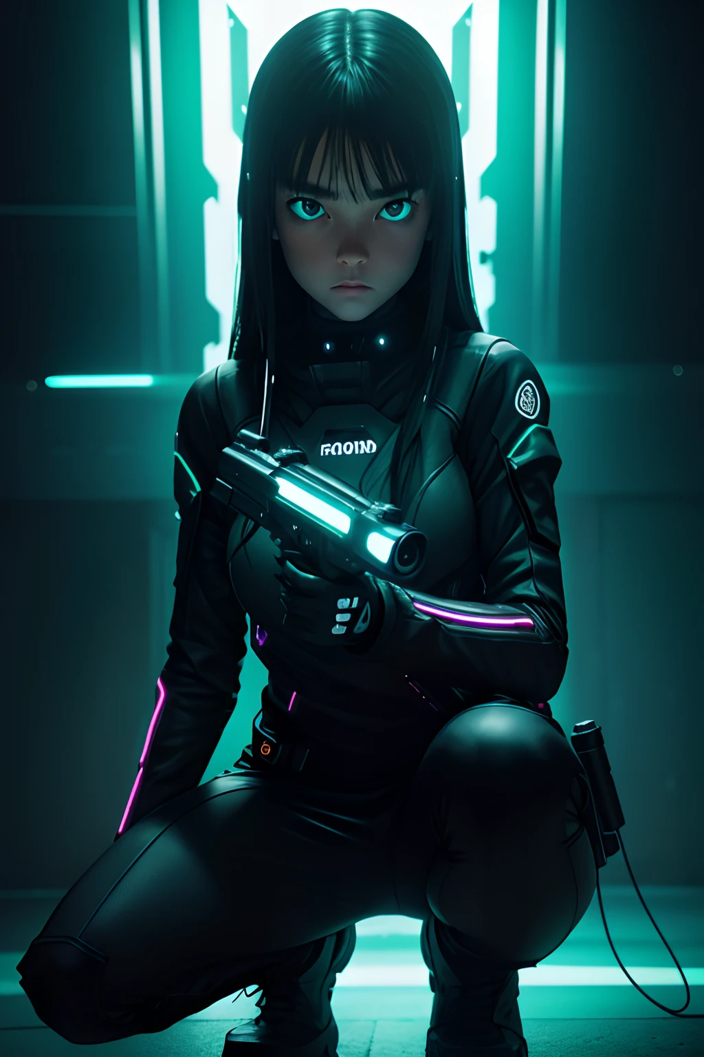 (grainy:0.5), cinematic,girl, space, serious, detailed eyes, detailed face, detailed futuristic clothes, lights in clothes, (aiming gun:1.1), (hiding:1.1), (squatting, looking to side:1.1), volumetric lighting, isolation, horror, dark lighting, red bioluminescent details, green bioluminescent details, blue bioluminescent details