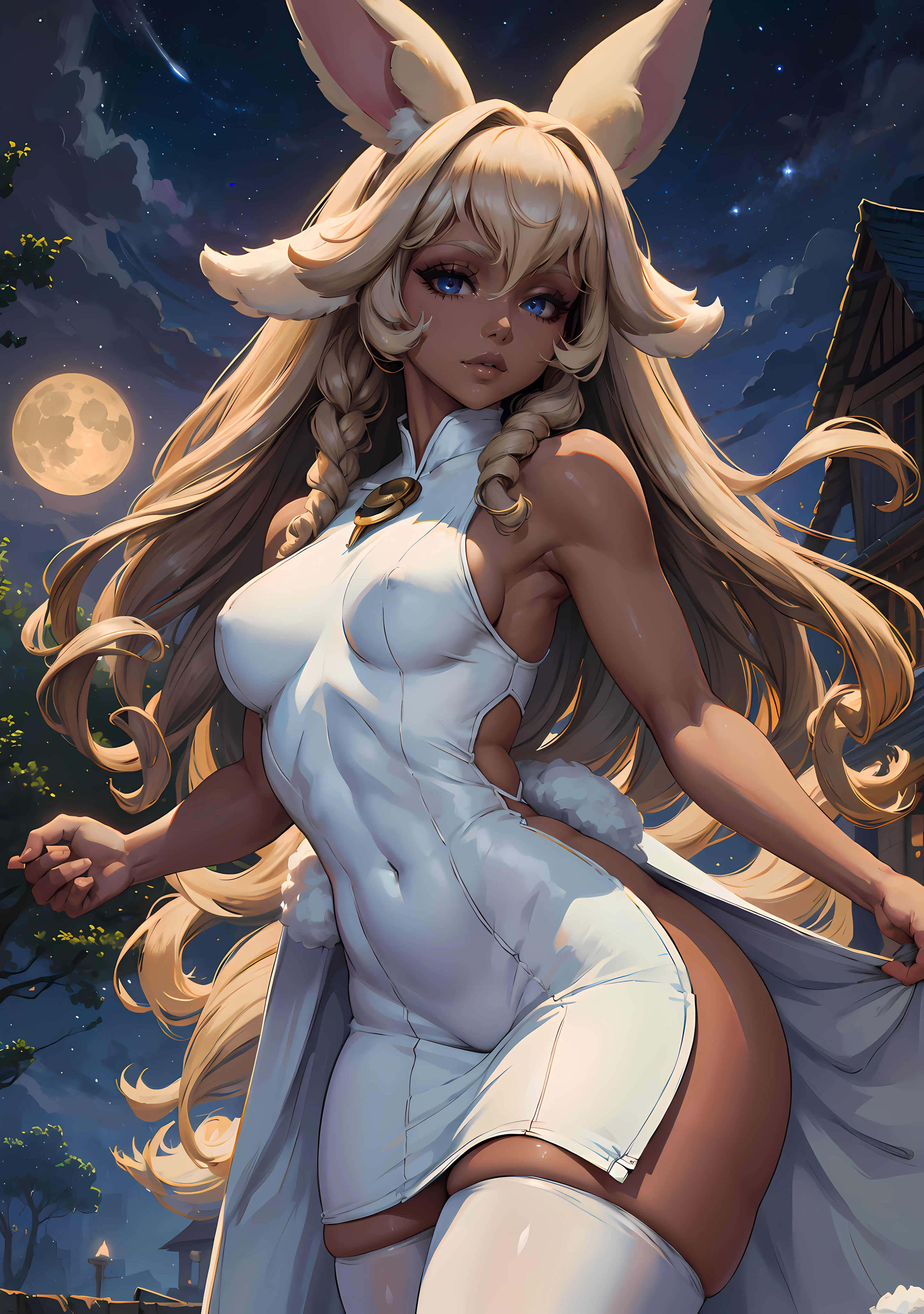 best resolution, 8K HD walppaper, beautiful and detailed face, dark skin, perfect eyes, thick and longe eyelashes, big glossy lips, sexy face, blonde hair.