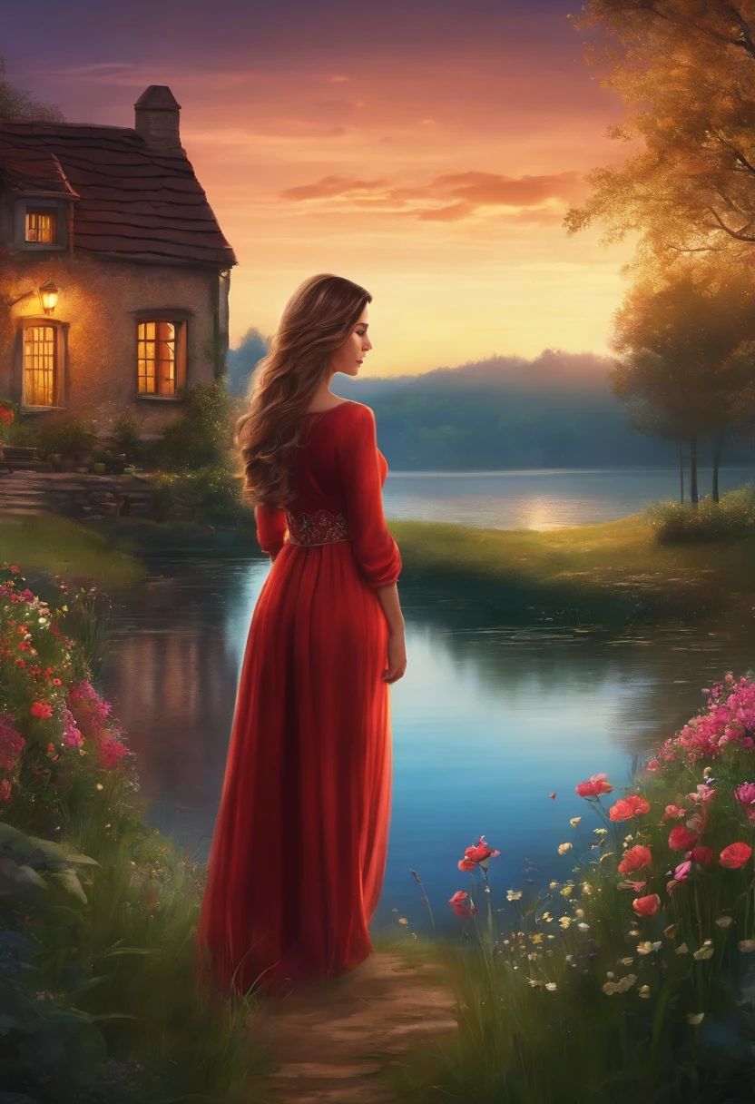 draw a beautiful girl were glass, walking in an country village in euro, grass, flowers, lake, night sky.