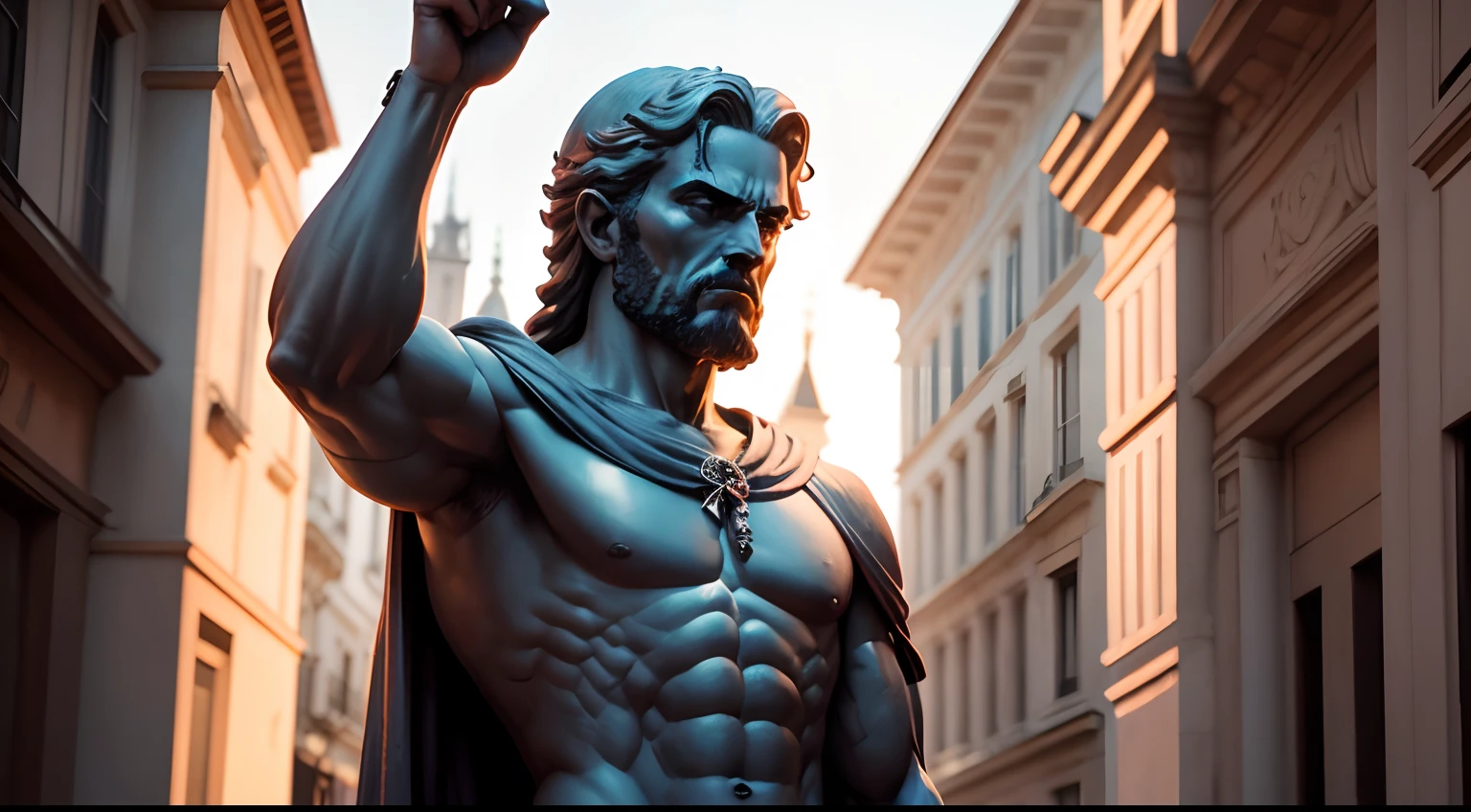 Ancient Stoic statue, with an expression of anger, usando manto e tunica longo sobre todo o corpo, Na Noite escura, ao ceu aberto, arquitetura grega antiga de fundo, 35 mm, lateralmente, Filmado em Sony A7S III com Sony FE 35mm f/1.8, 12.1 MP, --AR 3:2 --estilo cru