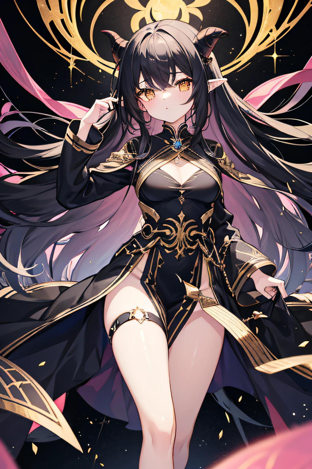 female beauty,1 girl,young woman,black long hair,Long ears,to the waist,tall body,three elegant polished black horns,sparkling golden eyes,dark tunics,normally navy blue or black, accessory in hair.