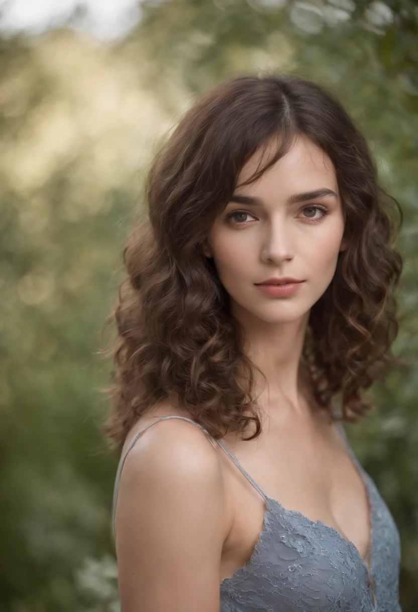 Jeune femme brune avec une frange, curly hair that reaches the middle of the neck.