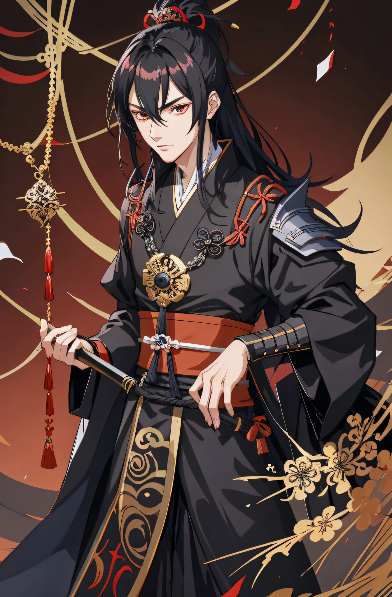 Anime - Stilbild eines Mannes mit schwarzen Haaren und schwarz roten Outfit, Kamiochi Orochi von Onmyoji, Handsome guy in demon slayer art, Taisho Roman, handsome androgynous prince, Shinkei Susabi, sp susabi, schwarzhaarige Gottheit, anime gutaussehender mann, zarter androgyner Prinz, STARember, Guan Tian war dabei, Offizielle Kunst, Yao
