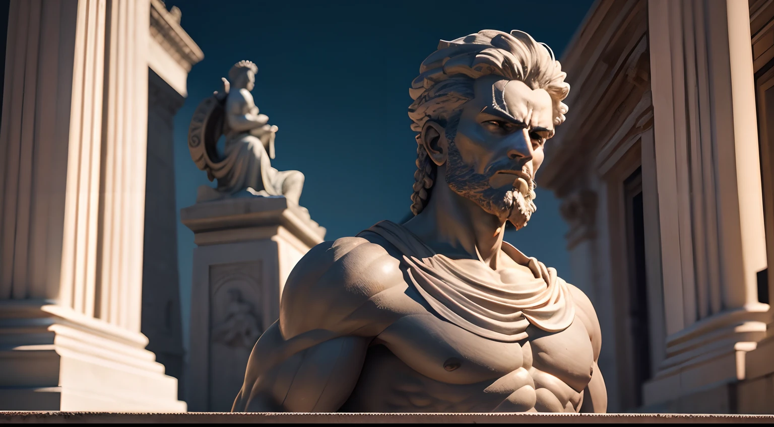 Strong Stoic statue, with an expression of anger, na rua, tempo escuro e trovoadas na noite escura, fundo grego antigo do templo, 35 mm, lateralmente, Filmado em Sony A7S III com Sony FE 35mm f/1.8, 12.1 MP, --AR 3:2 --estilo cru