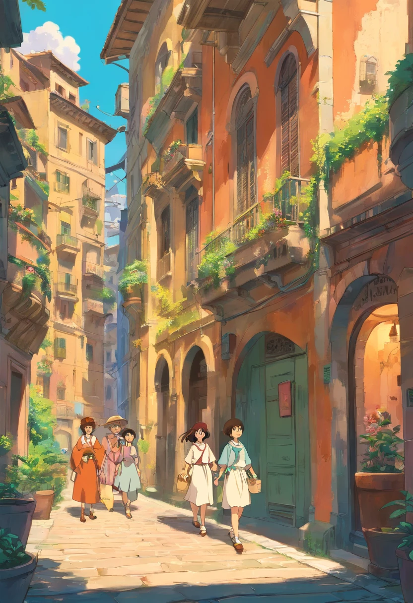 Cidade futuristica de Roma, cheio de pessoas, coliseu antigo, pessoas vestindo roupas de roma antiga