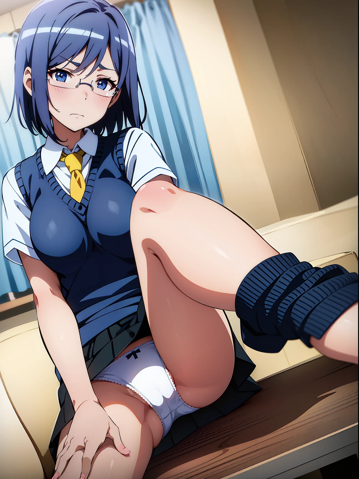 1girl in,masutepiece, Best Quality, ultra-detailliert, Illustration,  Dark blue hair, Blue eyes,  Round glasses,  Dark blue sweater vest, yellow necktie, dress shirts, Pleated skirt, Short sleeves, blush, embarrassed, Dramatic shadows, Looking at Viewer,  Cinematic lighting, School, a desk, , furrowed brow, frown, windows, drapes,Skirt lift,anime screen cap,Flat color,cel shading,tucking up the skirt,White panties,lingerie,short torso,Spread legs,Show panties,Undress,Bra