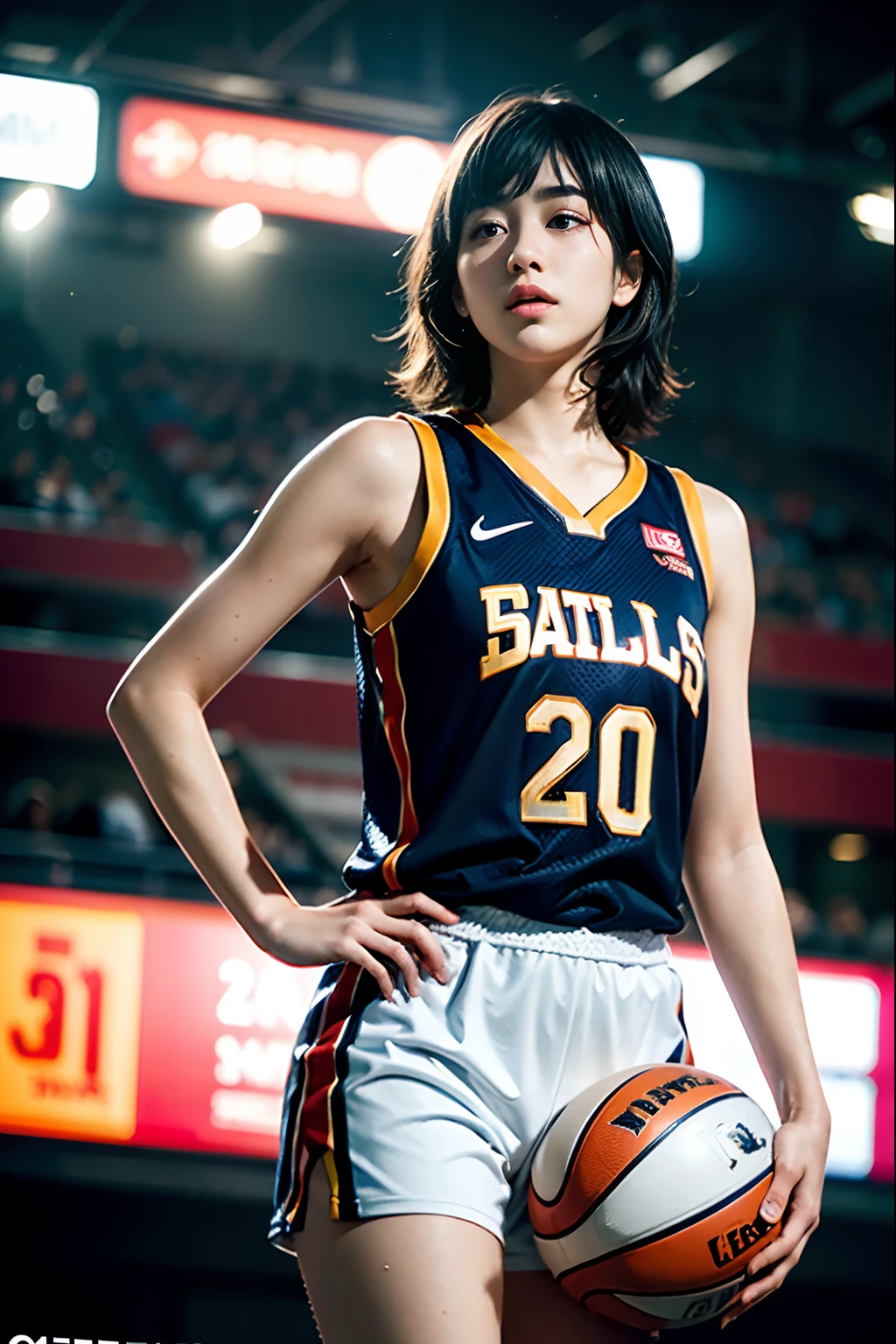 (8K, Best Quality, masutepiece: 1.2), (Realistic, Realistic: 1.37), ultra-detailliert, Best Quality, Ultra High Resolution, Professional Lighting, Photon mapping, Radio City, Physically Based Rendering, Cinematic lighting, Basketball court, depth of fields, Sharpness focus, Sunlight, Good composition, (Bokeh: 1.2) 1girl in, Solo, (Full body), (Closed mouth), Beautiful and detailed eyes, Pose, Narrow waist, Basketball Uniform, Black hair, hair messy, long hair blowing in the wind, (ulzzang-6500:1.2) mix4, hiqcgbody