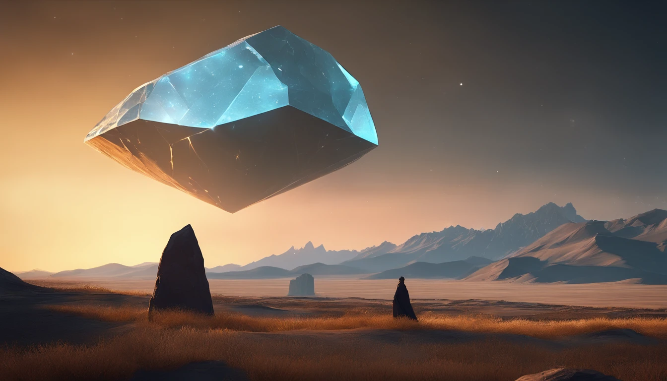 Majestic, huge floating crystals casting a mysterious glow on the vastness of the steppe. The distant silhouette of mountain peaks contrasts with the bright glow of an unknown star, the Earth beneath the crystal is mottled with ancient runes that respond to the magic of the crystal. Emphasis on levitating crystals, Development for concept art, gamedev with high attention to detail, ultra high resolution