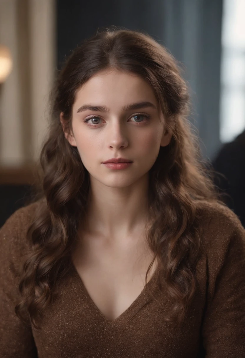 Jeune fille de ** ans brune, fringe that stops above the eyebrows, curly hair that reaches the middle of the neck. Dans une salle de classe, seated at a student's table.